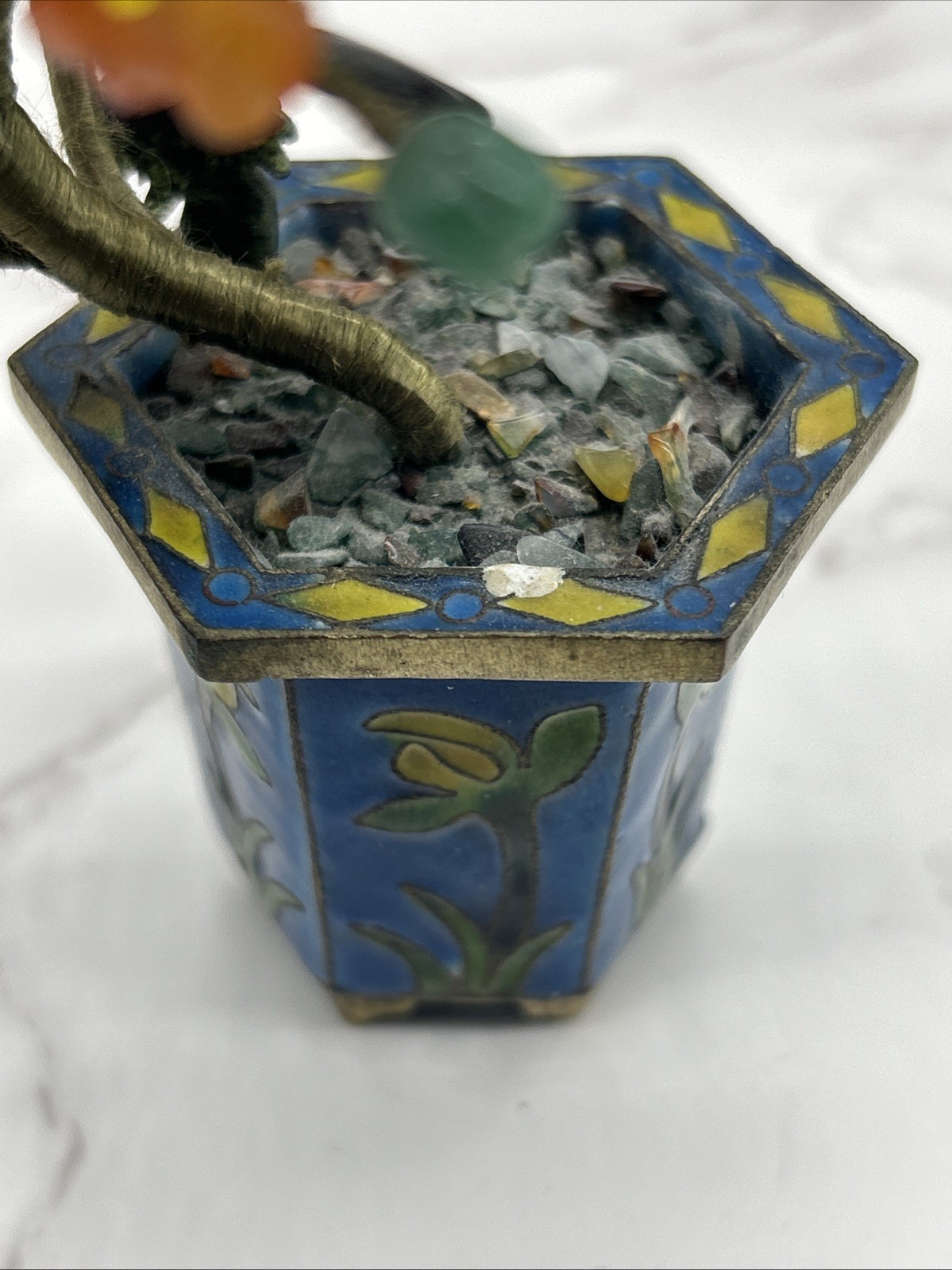 Chinese Carved Jade Agate Carnelian Quartz Flowers Bonsai Tree Cloisonne Enamel