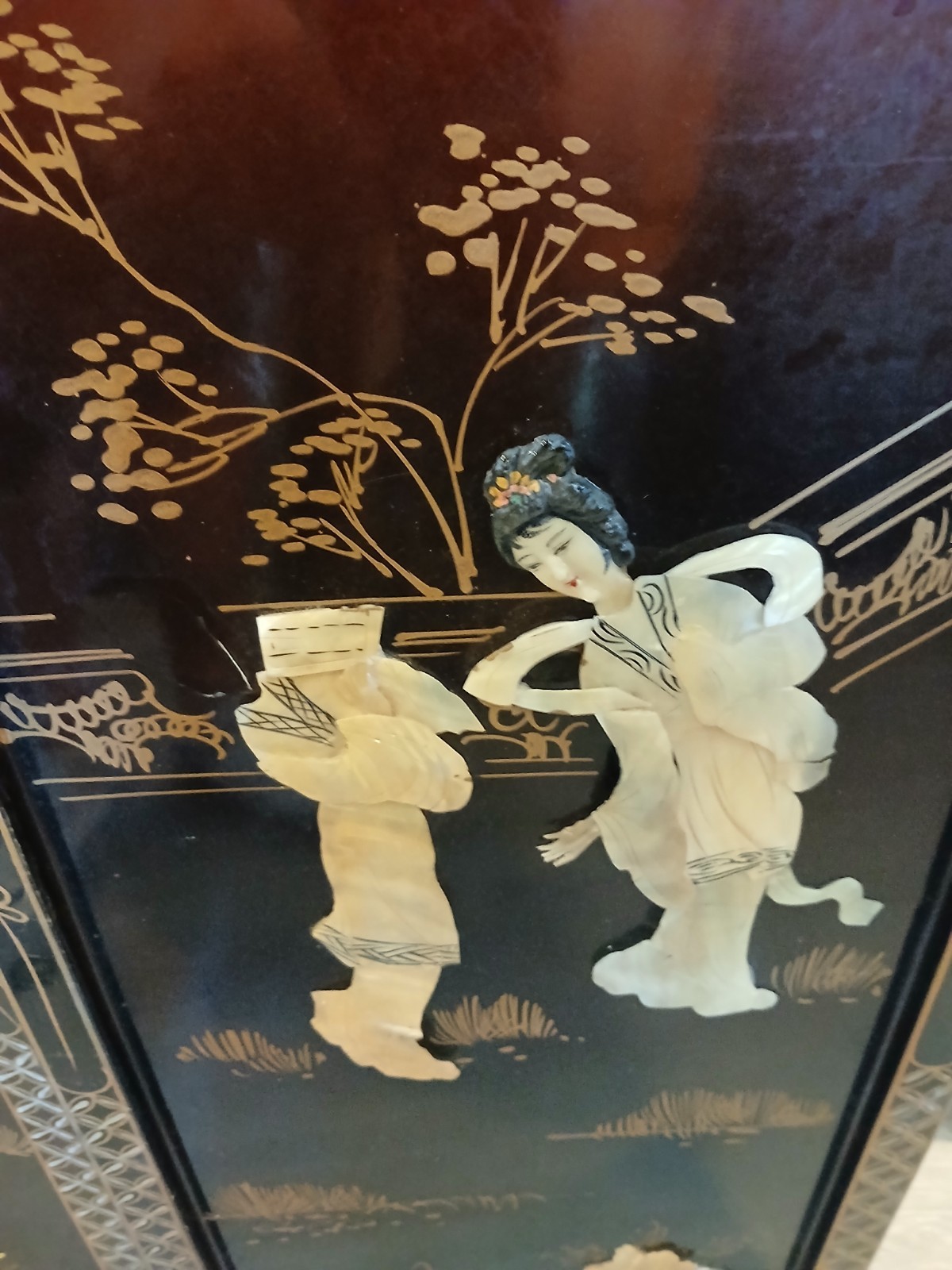 4 Vintage Asian Japanese Mother Pearl Black Lacquer Wall Panels 36″ x 12″