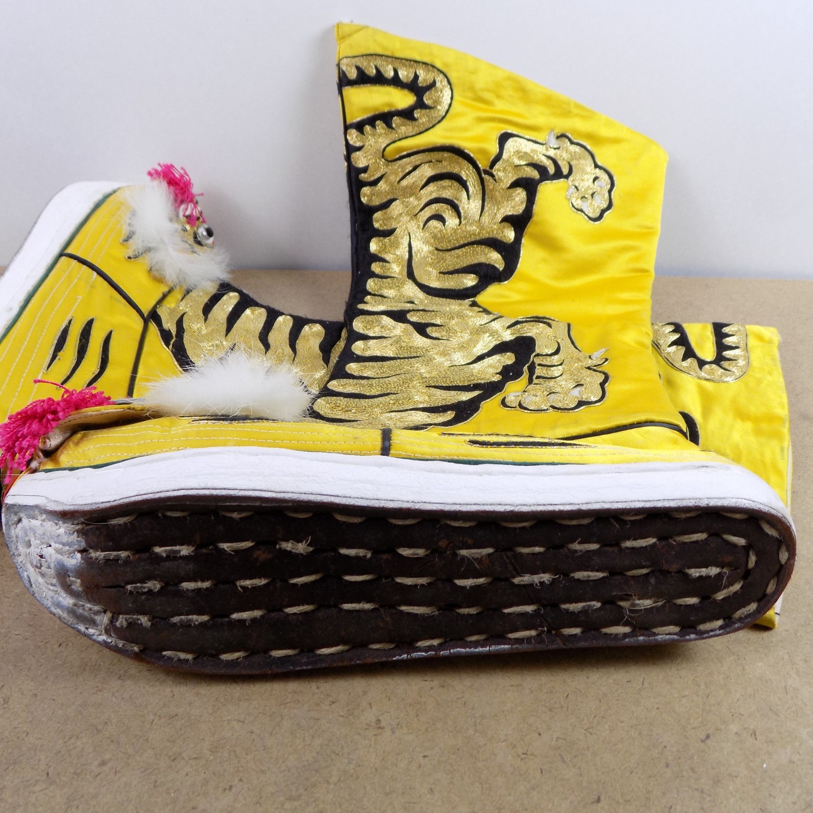 Pair of Vintage Chinese Opera Theater Tiger Shoes Boots 10.5″ x 3.25″ x 16″ VGC