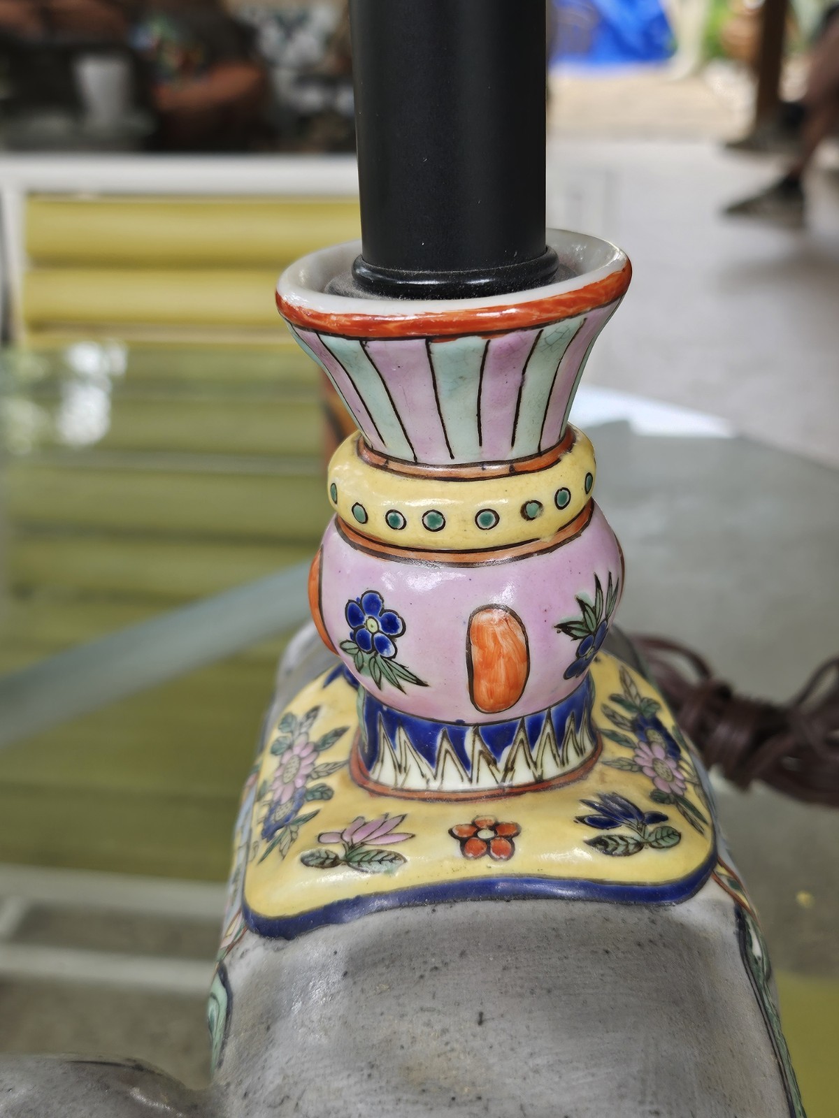 Vintage CHINESE ENAMELED PORCELAIN ELEPHANT WITH A ZUN VASE Turned Lamp