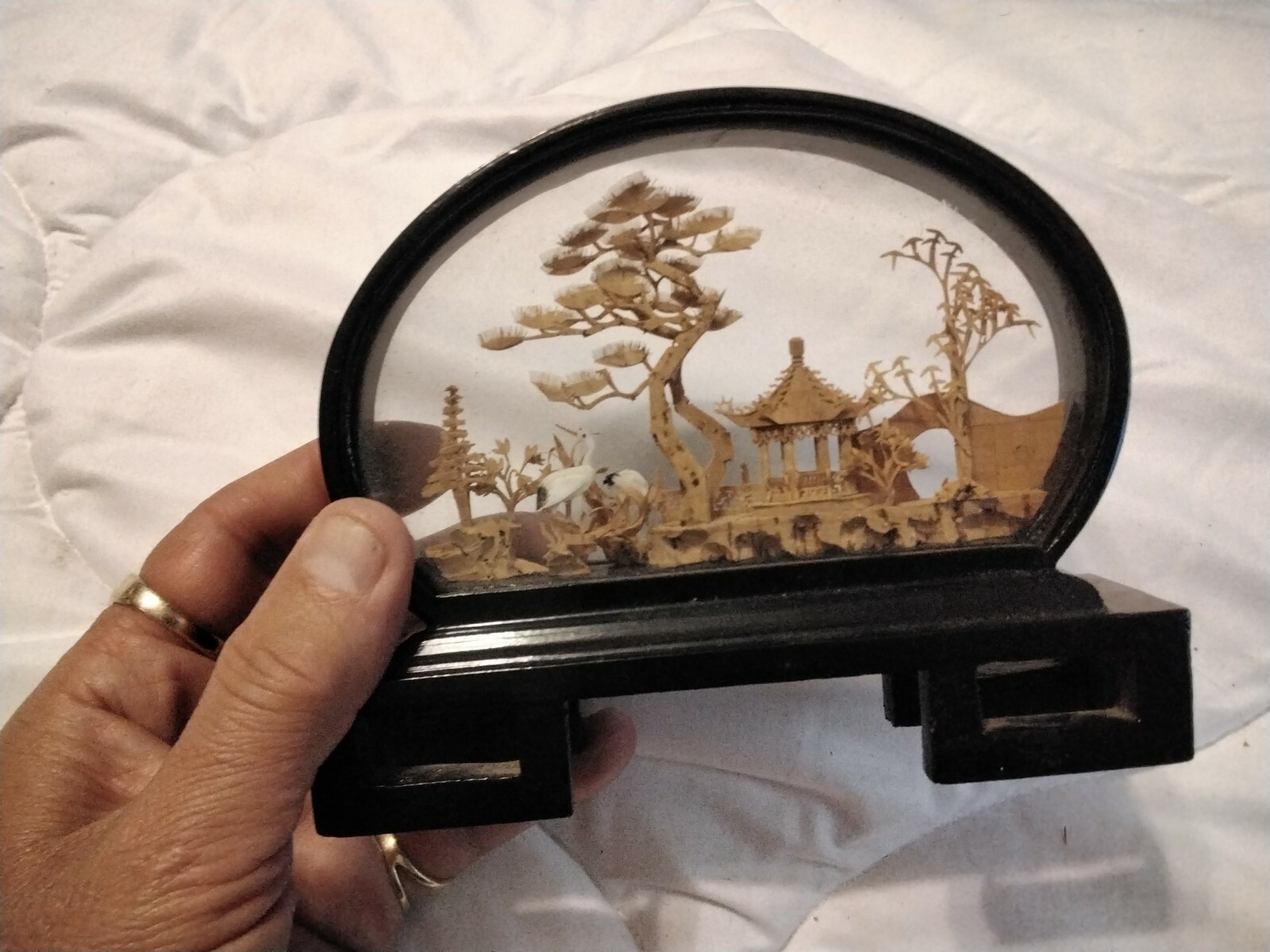 Chinese Lacquered Oval Hand Carved Cork Diorama, Pagoda Trees Cranes