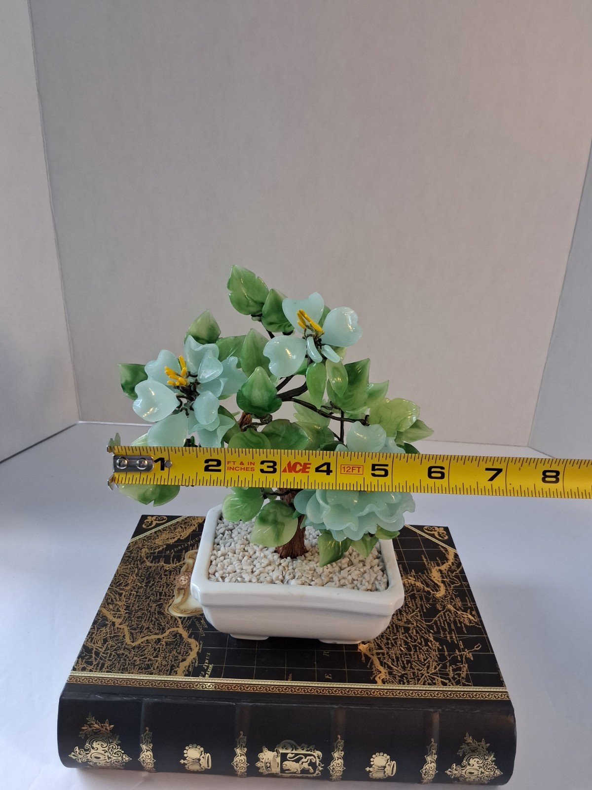 Vtg 1980’s Aqua Blue Peking Glass Blossomed & Jade-Stone Leaf Bonsai Tree; EUC!