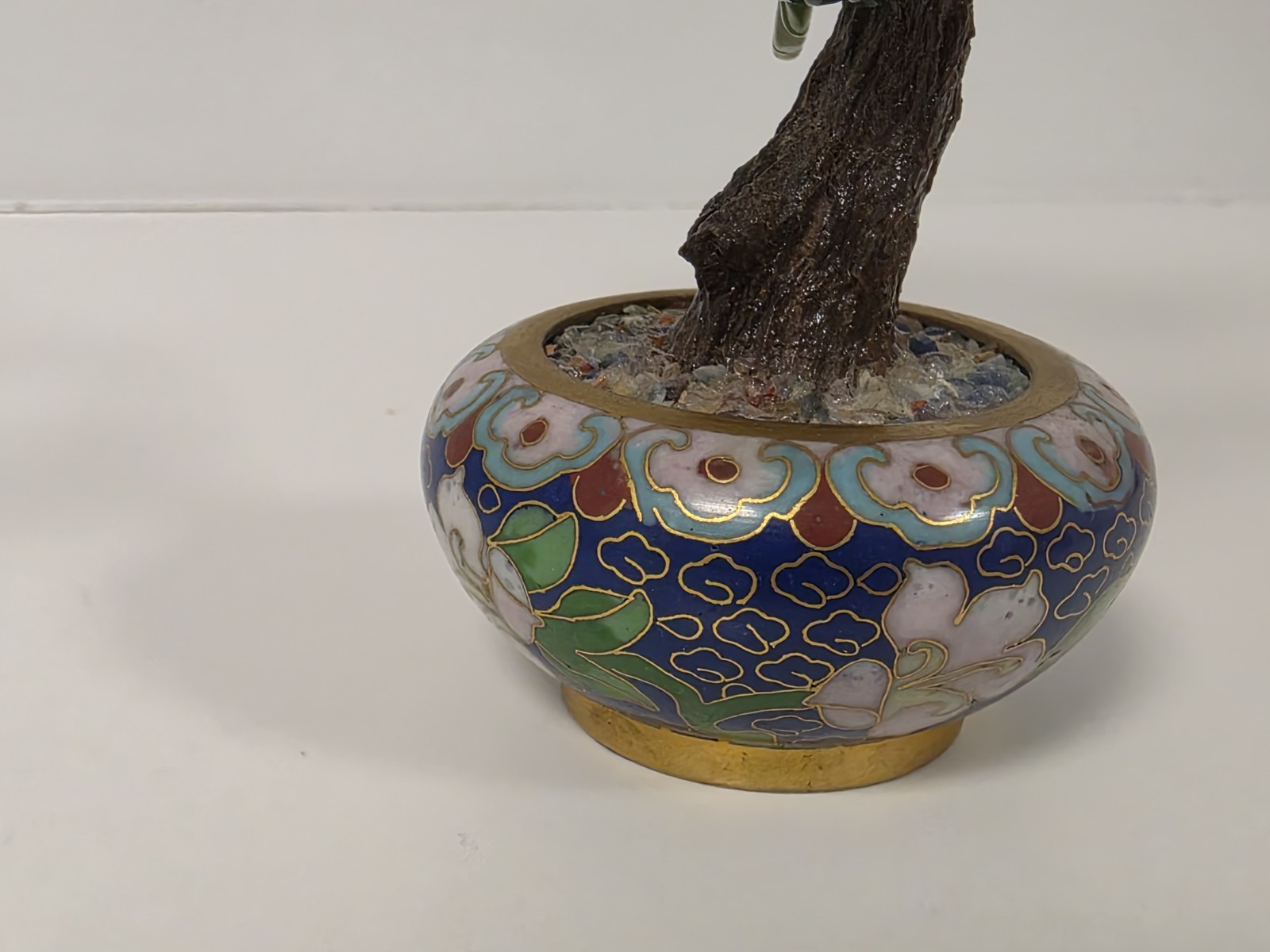 Asian Bonsai Tree Blossom Cloisonne Floral Pot White And Green Stone Jade?