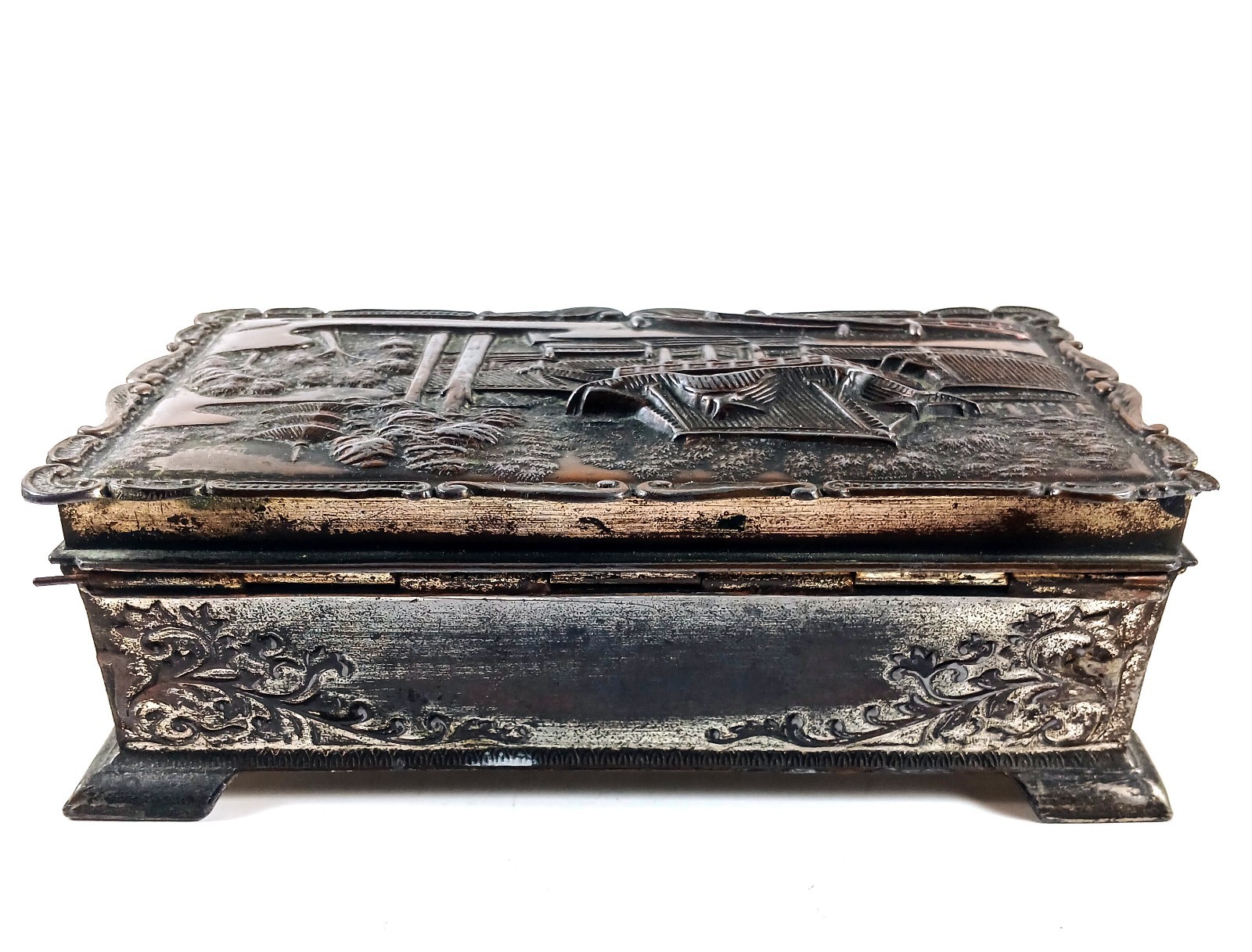 Vintage Asian Metal Jewelry Box Pagoda with Trees & Bridge 6.25″ x 3.75″ x 1.5″
