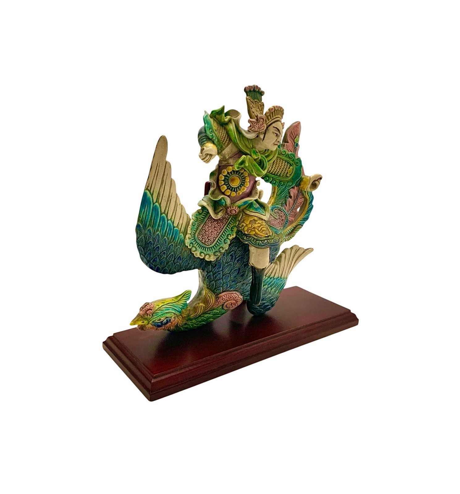 Chinese Figure on Phoenix Bird Oriental Roof Tile on Stand Vintage Asian Decor