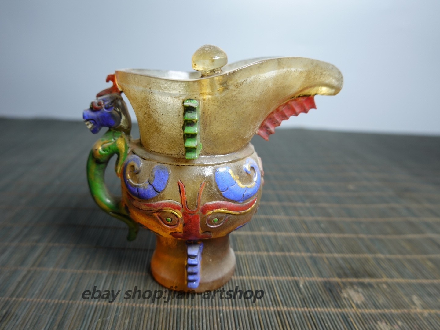 3.9″ Collect Old China Coloured Glaze Painted Beast Mask Taotie Design Jue Cup
