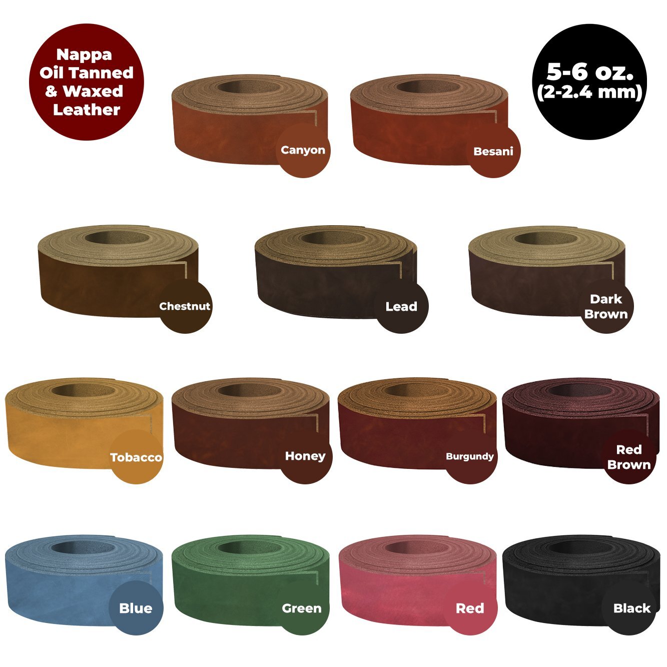 ELW 5-6 oz (2-2.4mm) Nappa Oil tanned & Waxy Finish Leather Belt 84″ Straps