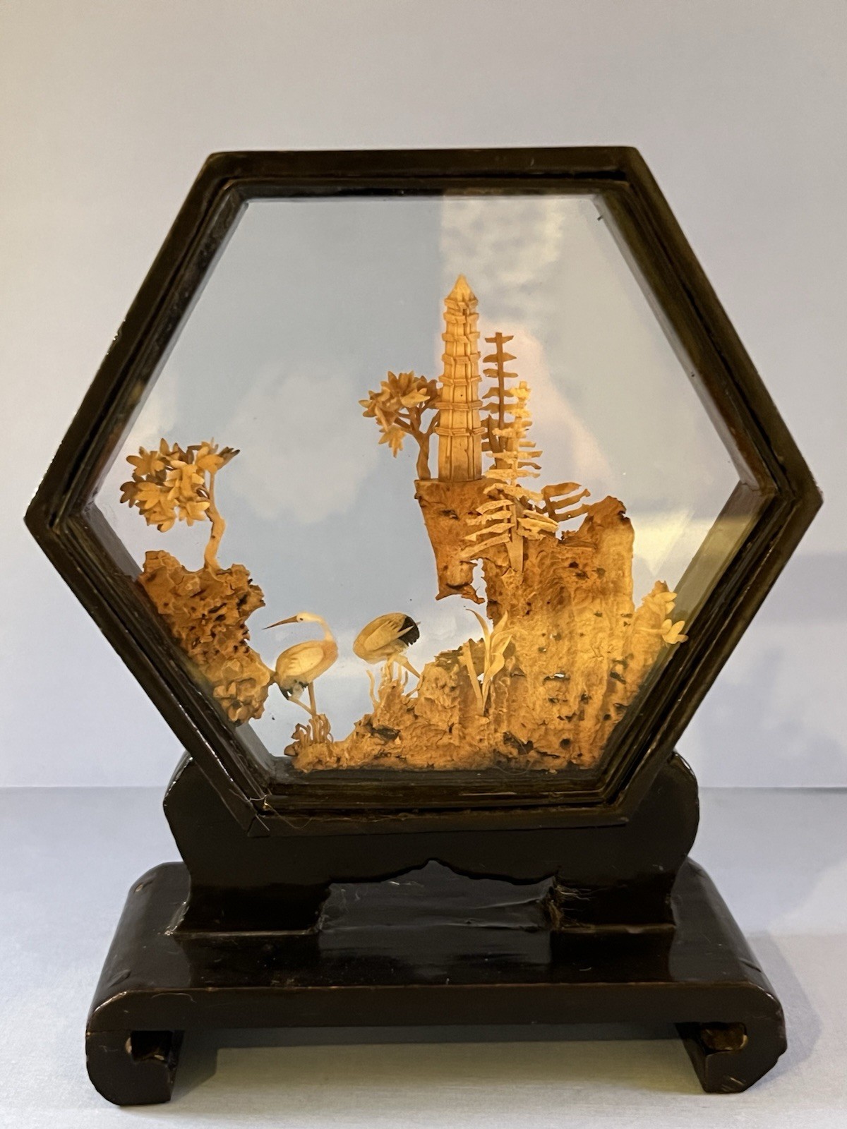 Cork Diorama, Chinese, Hexagon, 3.75” Across With Cranes, Pagoda, Trees, Black