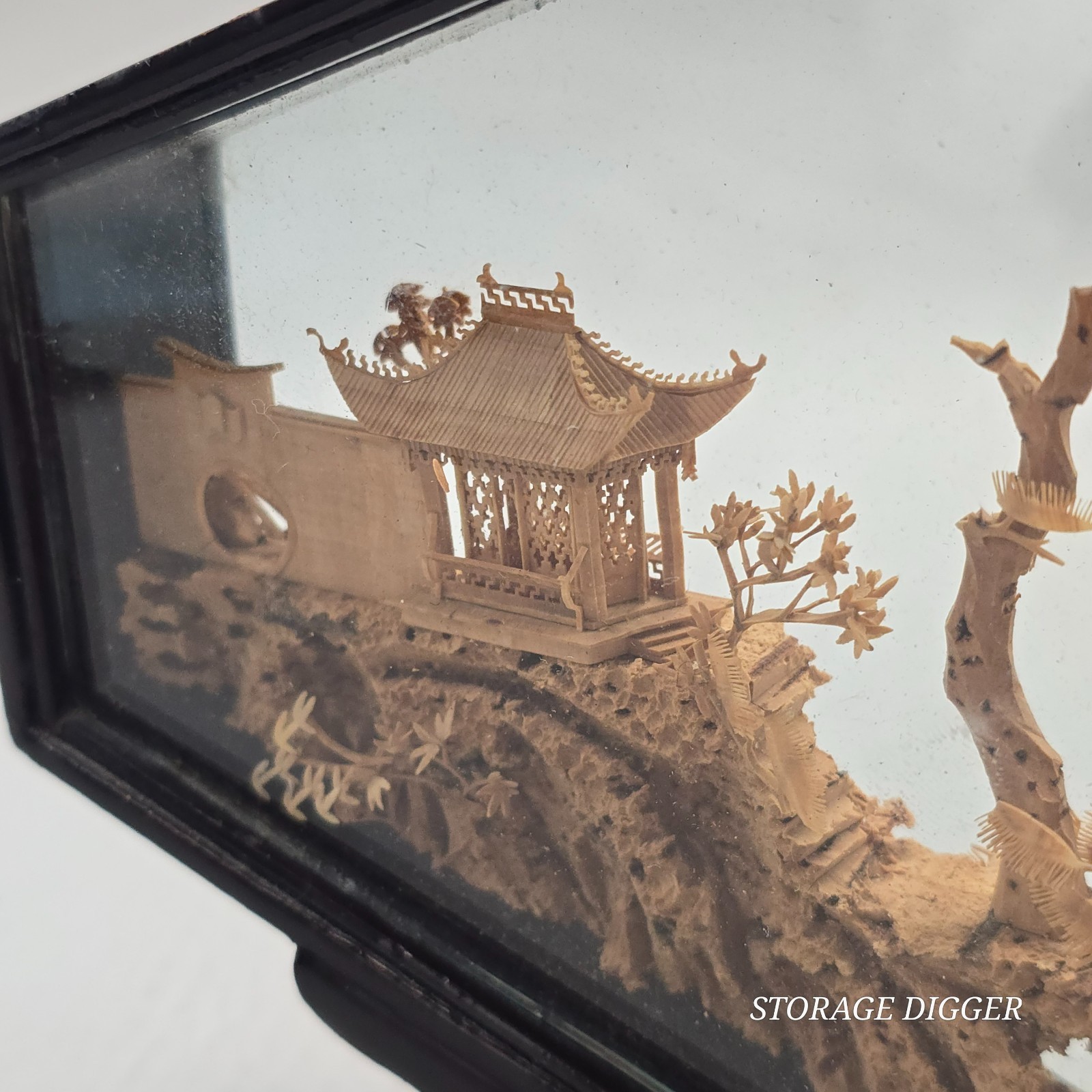 VTG Chinese Hand Carved Cork & Wood Diorama In Hexagon Glass & Wood Display