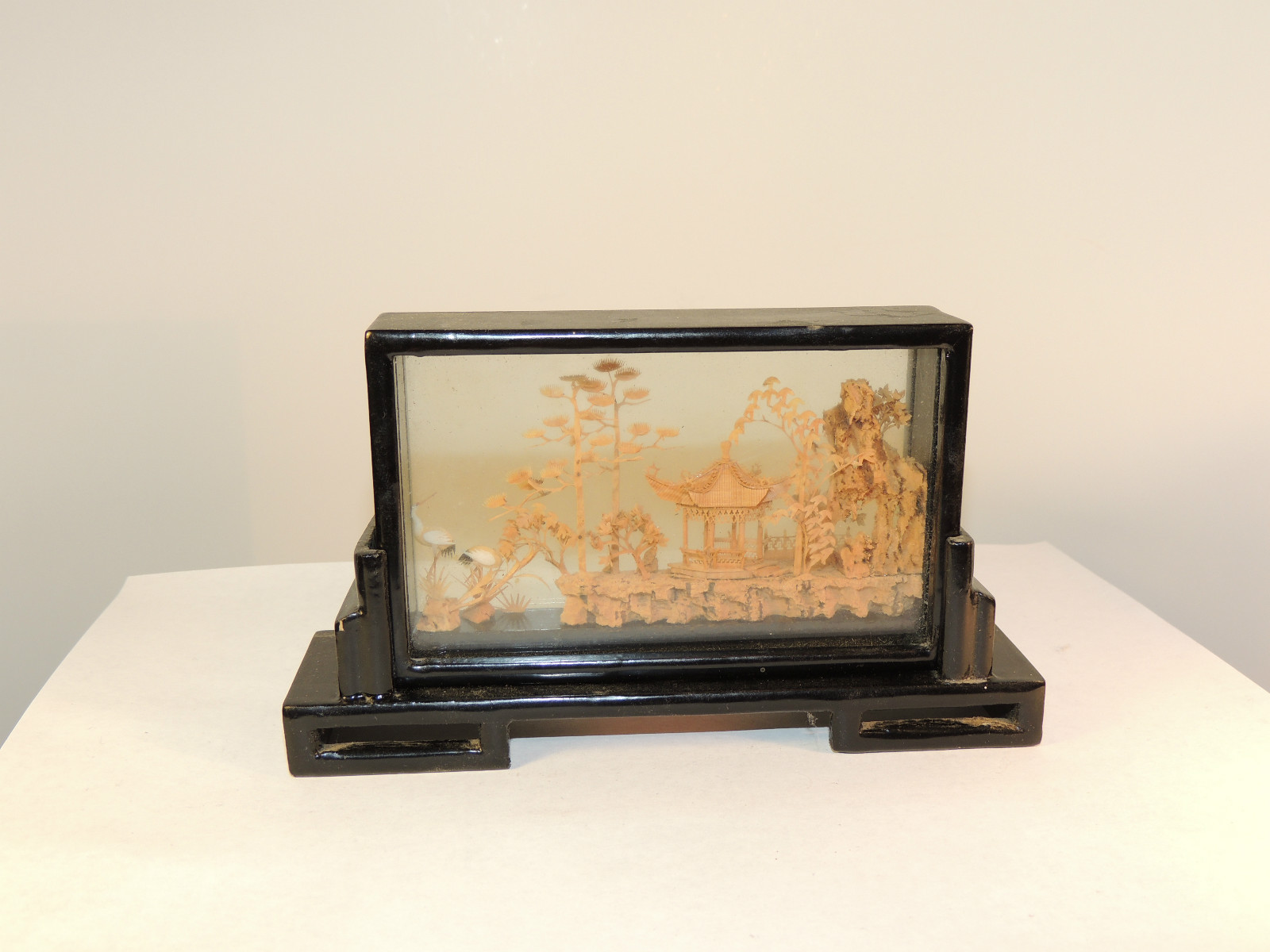 Hand Carved Oriental Scene in Wooden Holder (4542)