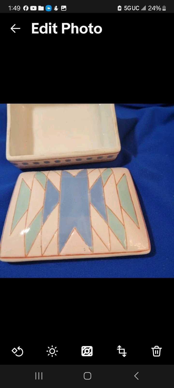 Aztec Trinket Box Jewelry Porcelain Macau Painted Design Blues 3.5×4.5x 1 3/4