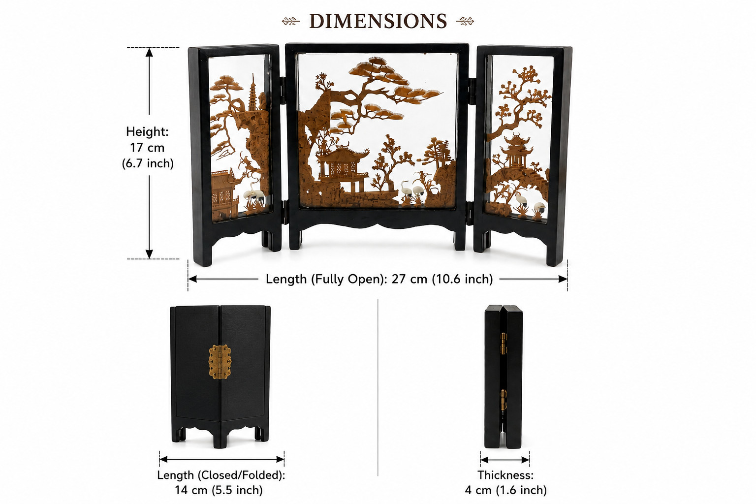 Vintage Chinese Cork Diorama Folding Screen Carved Art Lacquer Wood 3 Panel
