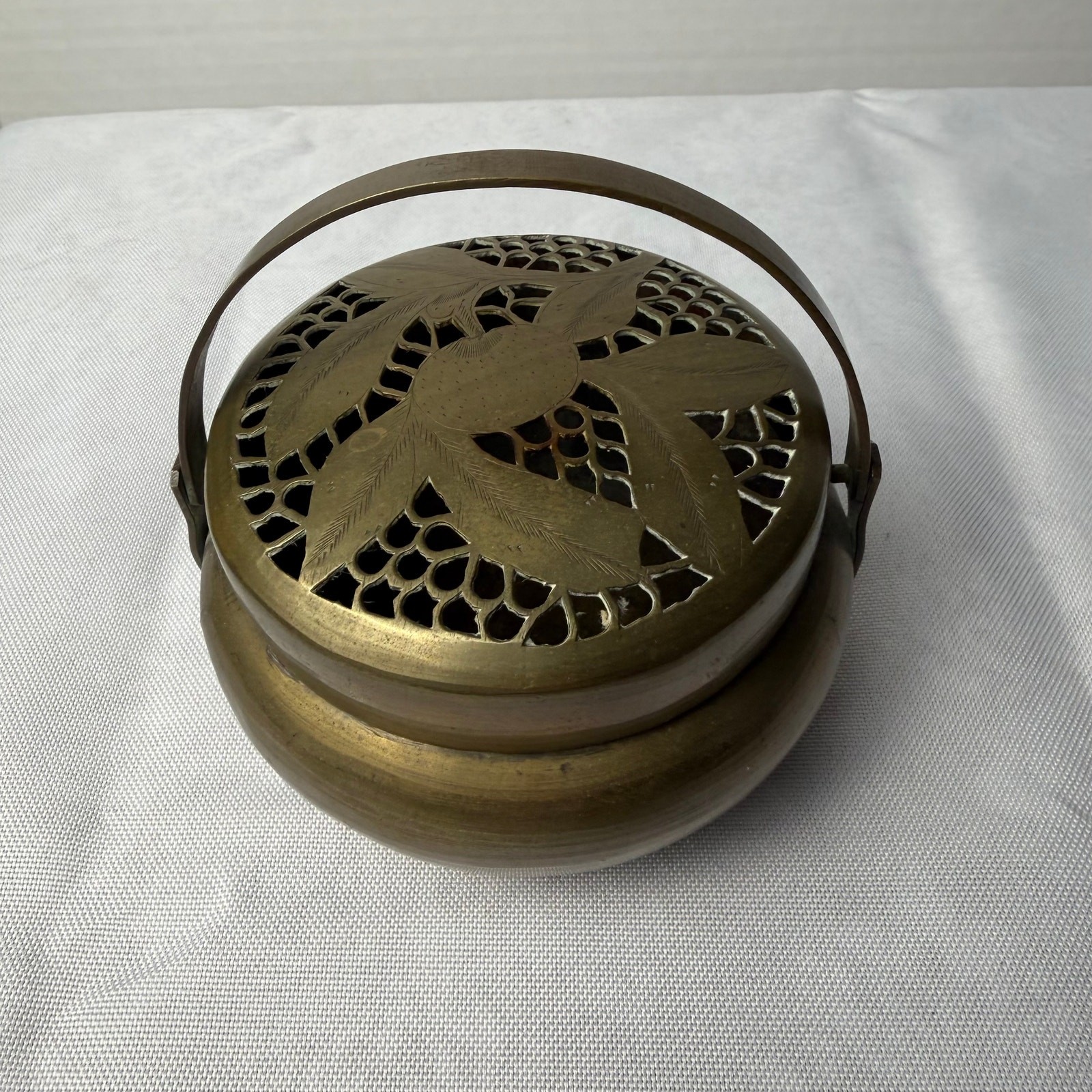VTG Chinese Brass Xiulu Hand Warmer Pierced Pomegranate Lid Incense Holder Gift