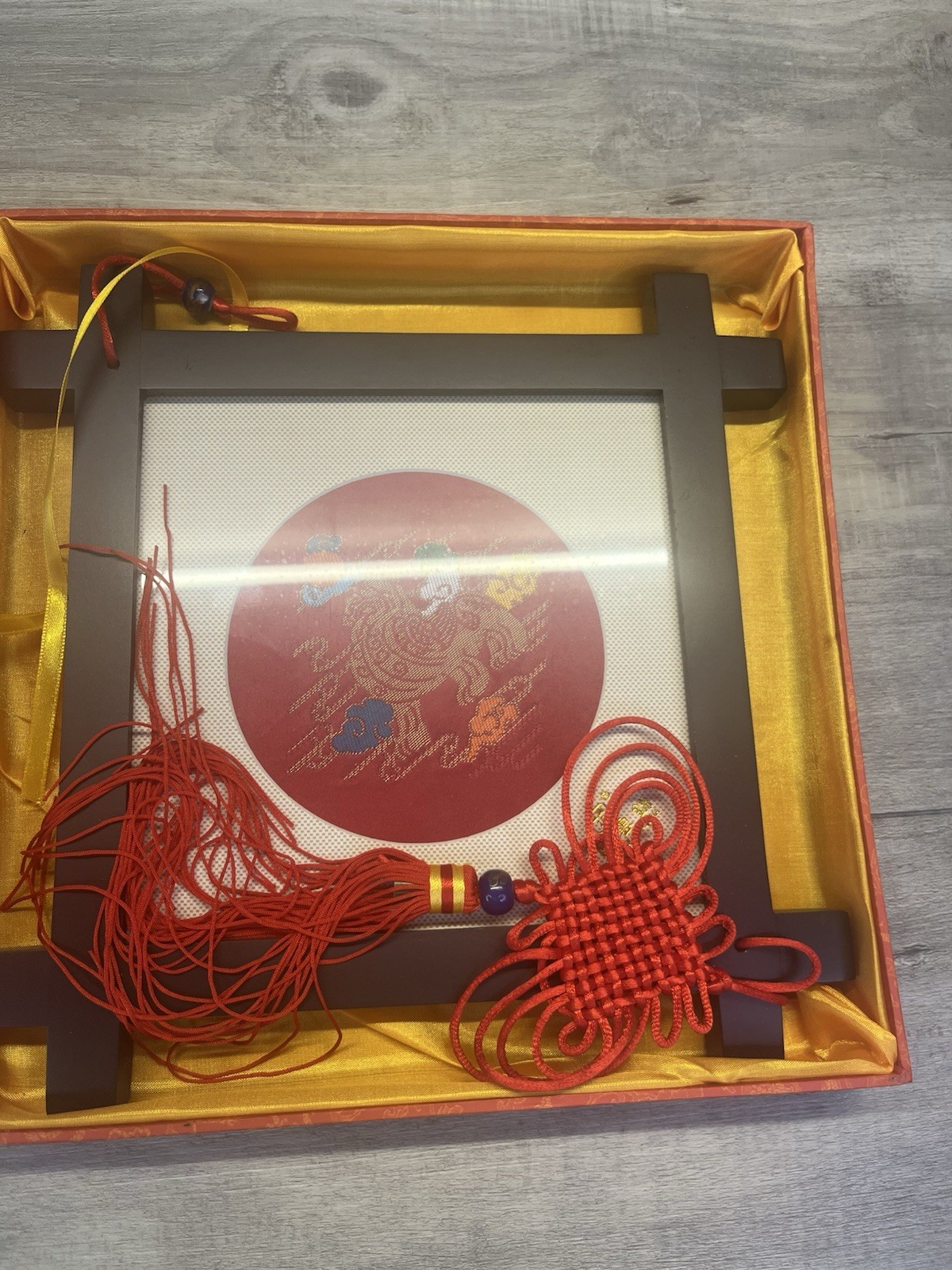 Nanjing Yunjin Silk Brocade Gold Dragon Lion Boxed Framed Art Tassel #0142242