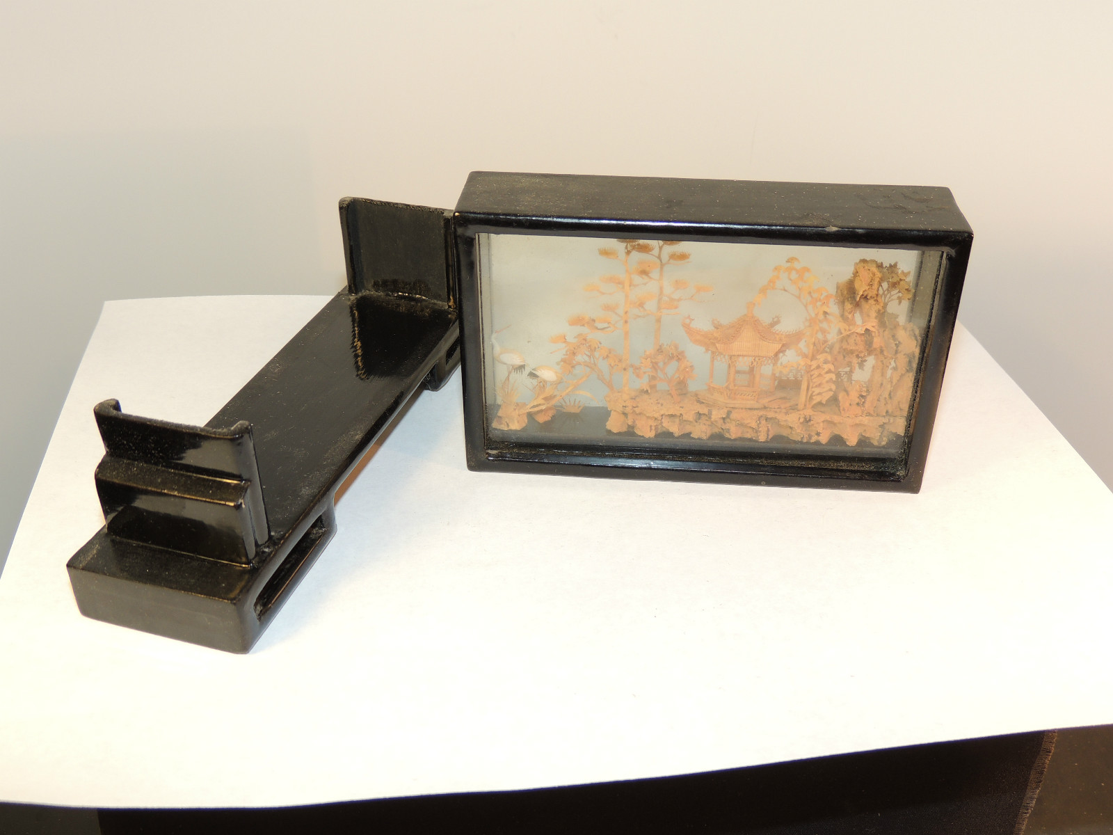 Hand Carved Oriental Scene in Wooden Holder (4542)