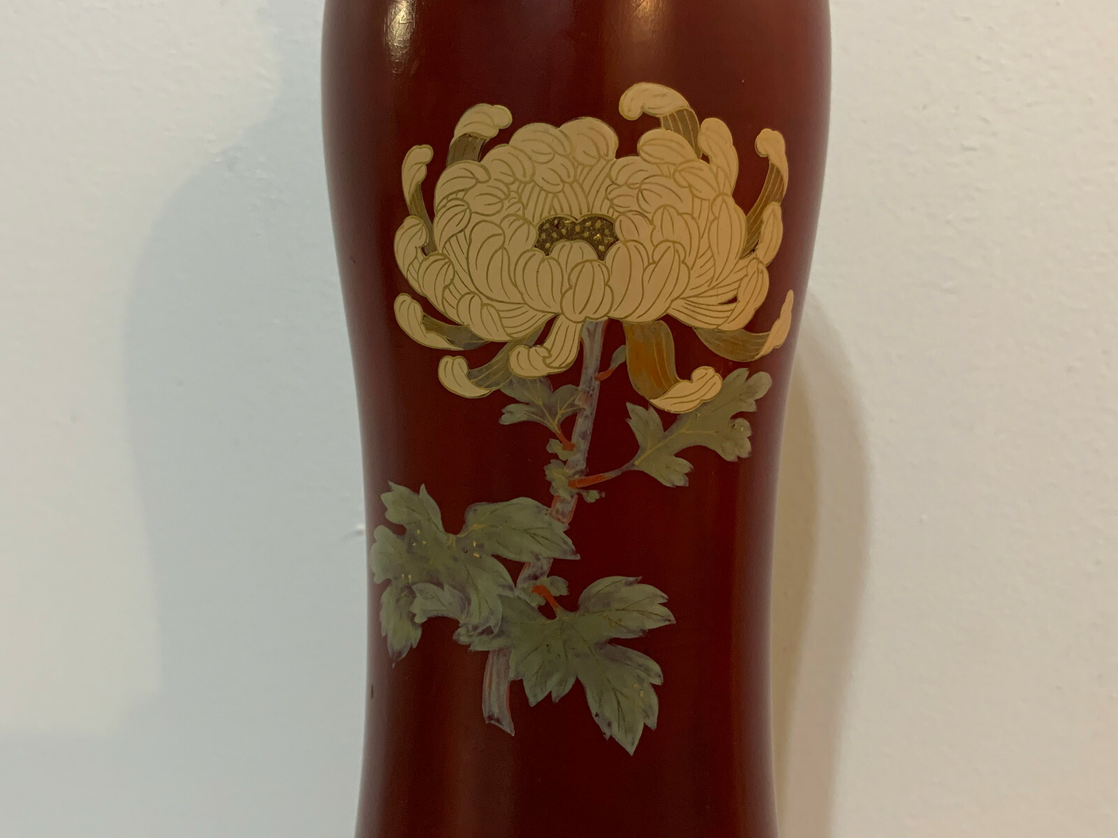 Vintage Chinese or Japanese Red Lacquer Lamp w/ Chrysanthemum Decoration