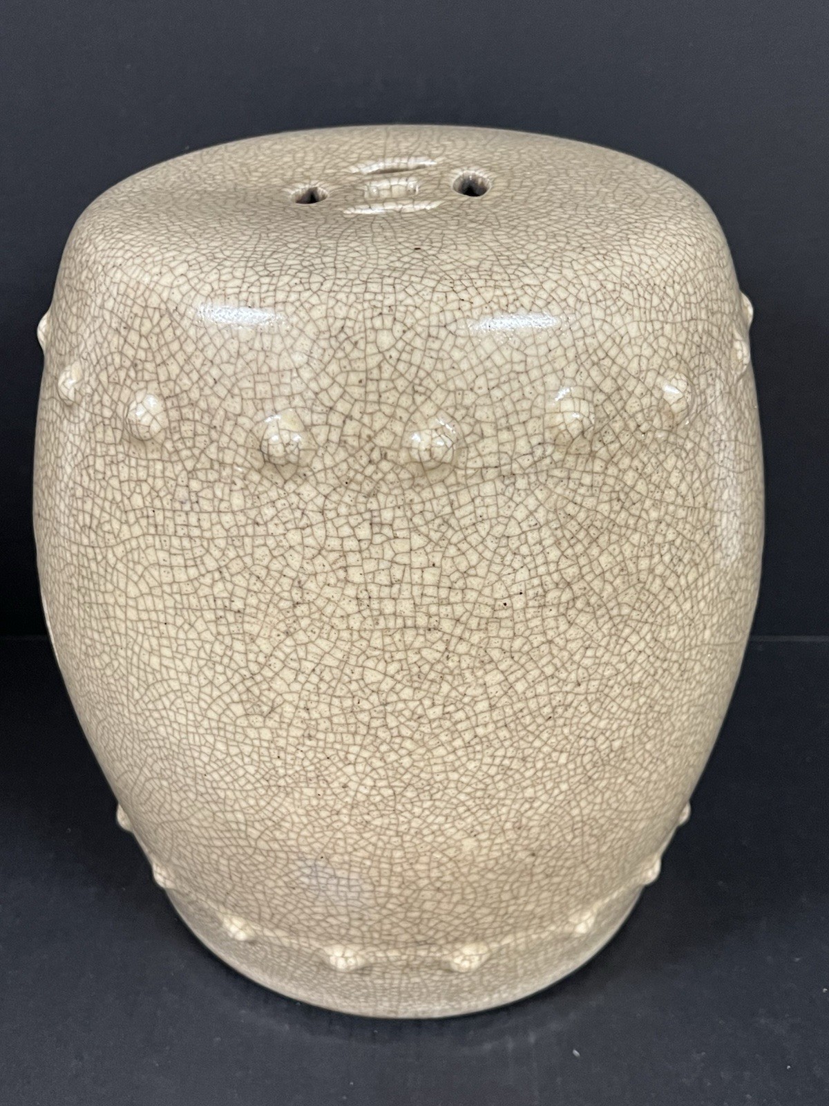 Vintage Chinese Porcelain Round Garden Stool Darker Beige Crackled Double Coin