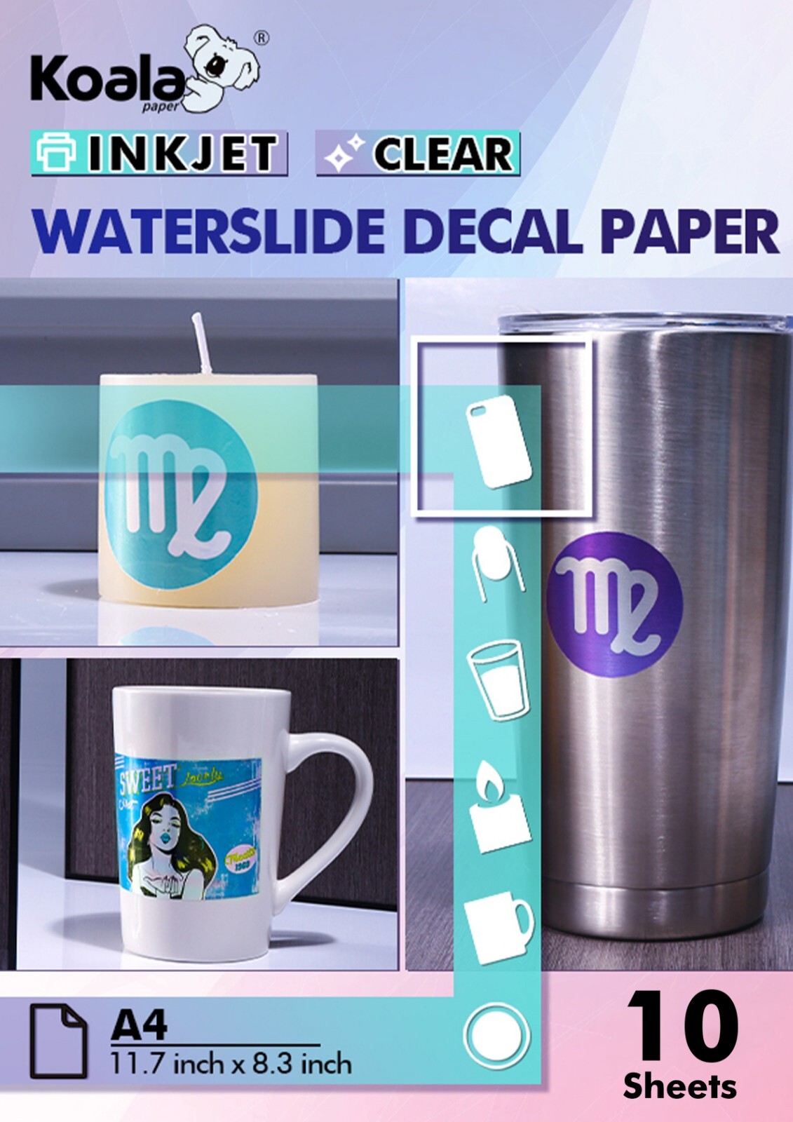 Koala Inkjet Water slide Decal Paper Clear A4 WaterSlide Transfer Tumblers 10 Pk
