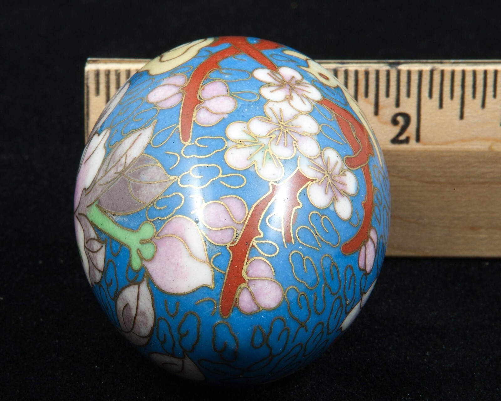 VTG Chinese Floral on Blue Cloisonne Enamel Metal Egg 2-1/2″ Tall w/Stand