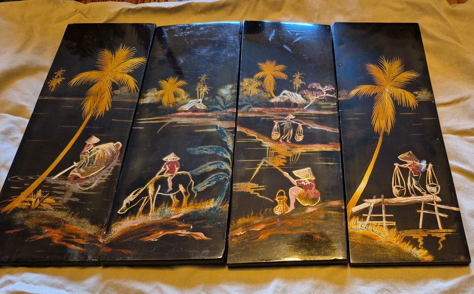 4 Vintage Asian Vietnamese Hand Painted Black Lacquer Wall Art Plaque Panels