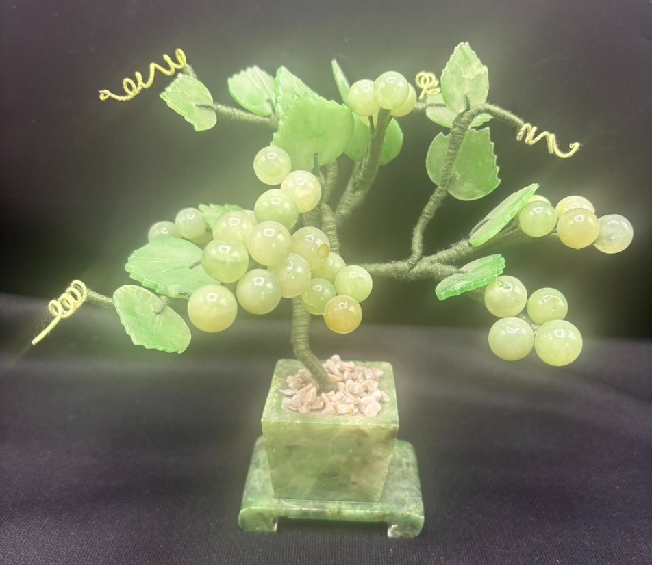 VTG Grape Bonsai Tree Vine Jade Marble Stone Sculpture China Asia 6″ x 7″