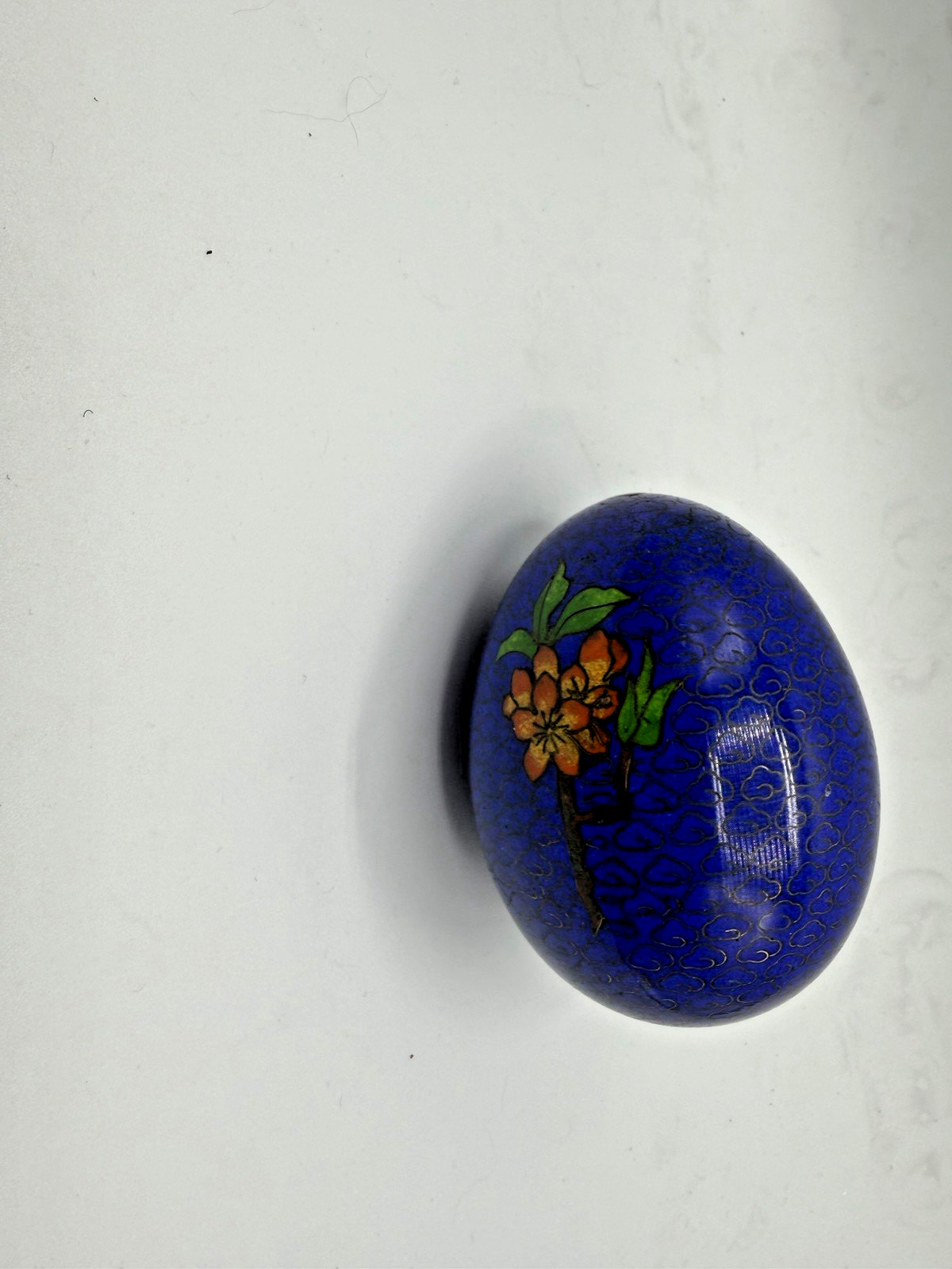 Vintage Chinese Cloisonné Enamel Egg Closed Incense Burner Blue Floral Design