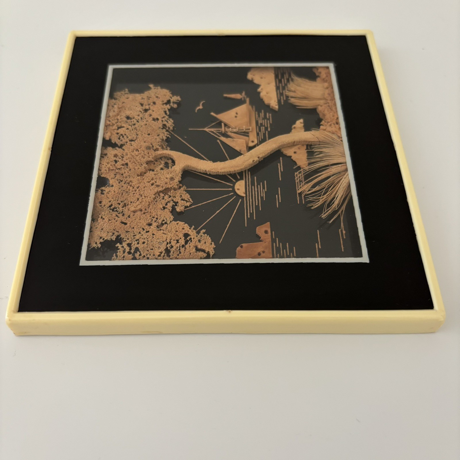 MCM Vintage Asian Diorama Cork Art Tree Boat Sunset 3D Framed 5 x 5″