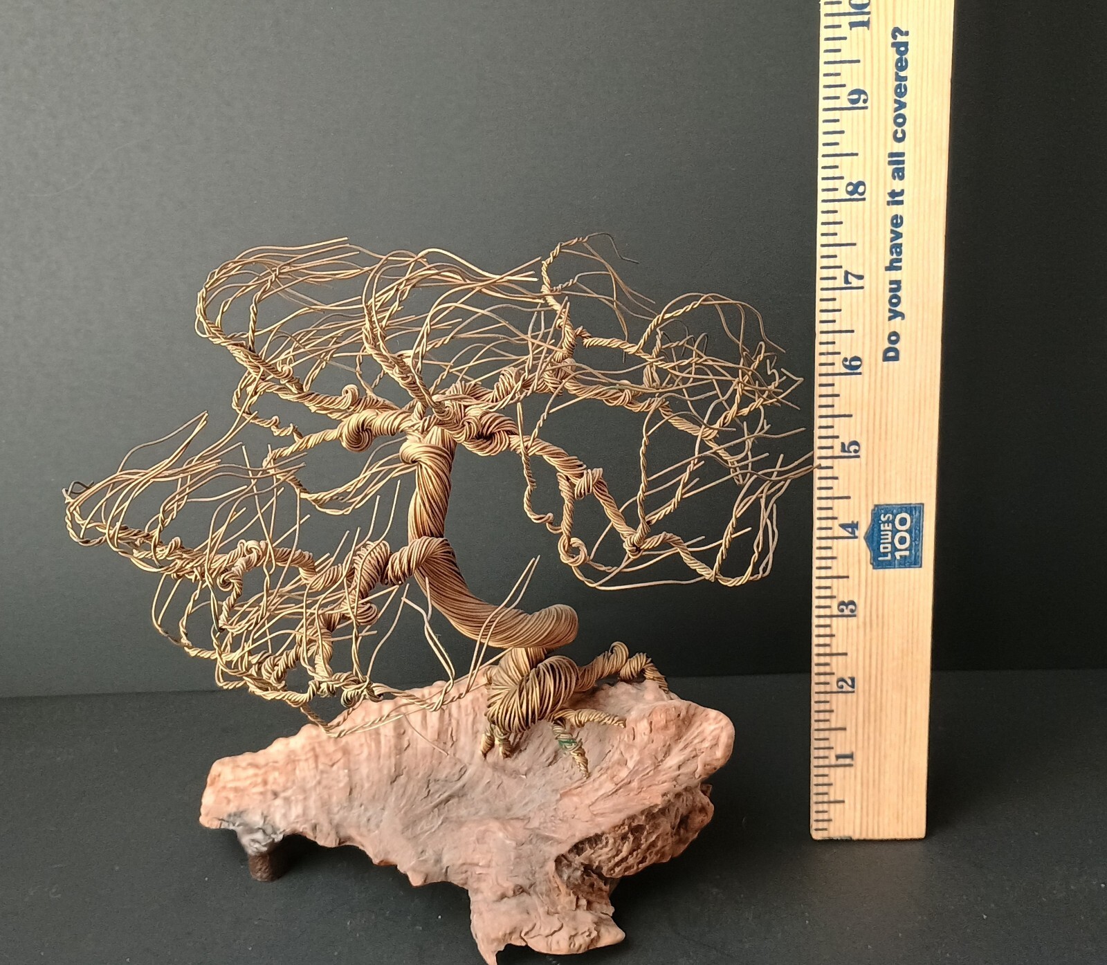 VTG Chinese Bonsai Tree Figurine, Brass on Wood, Unmarked, 8 1/2” L x 8” T