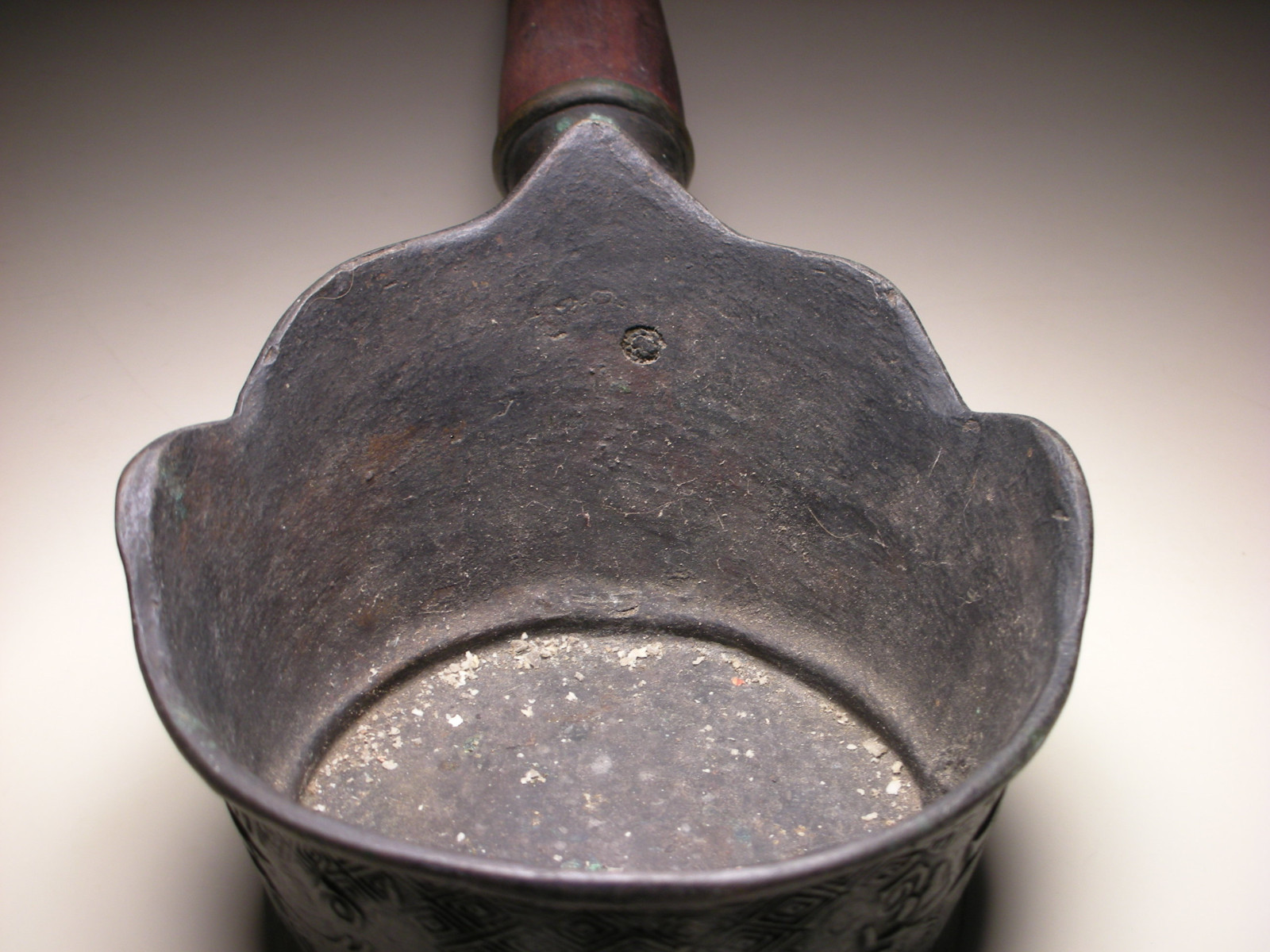 Vintage Chinese Brass Metal Pan Silk Iron with Long Wood Handle (L: 14.5″)