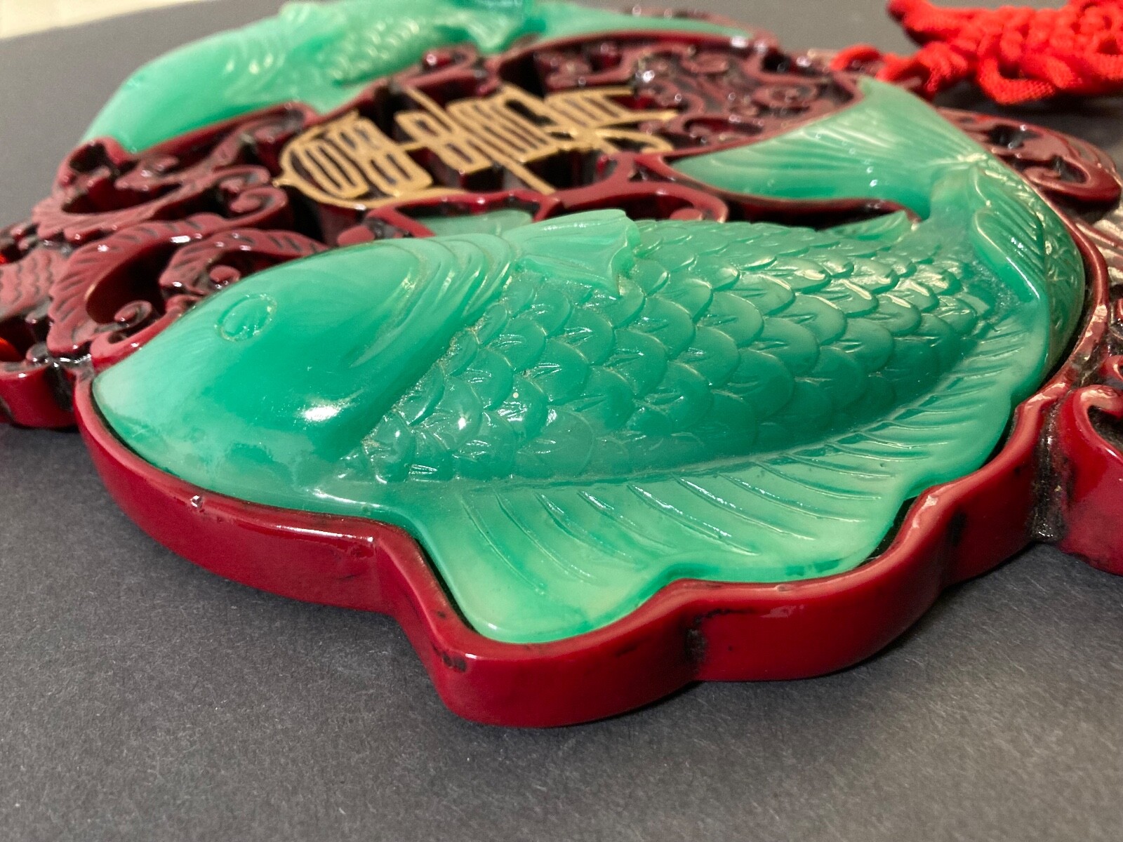 Oriental KOI FISH RED HANGING CARVED FAUX-JADE WALL ART PIECE ~ Lucky Knots!