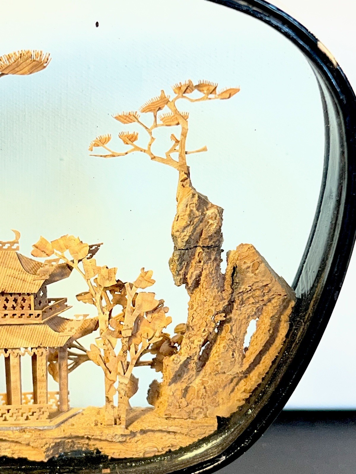 VTG Chinese Hand Carved Cork Diorama Shadow Box Asian Art Pagoda Cranes Trees