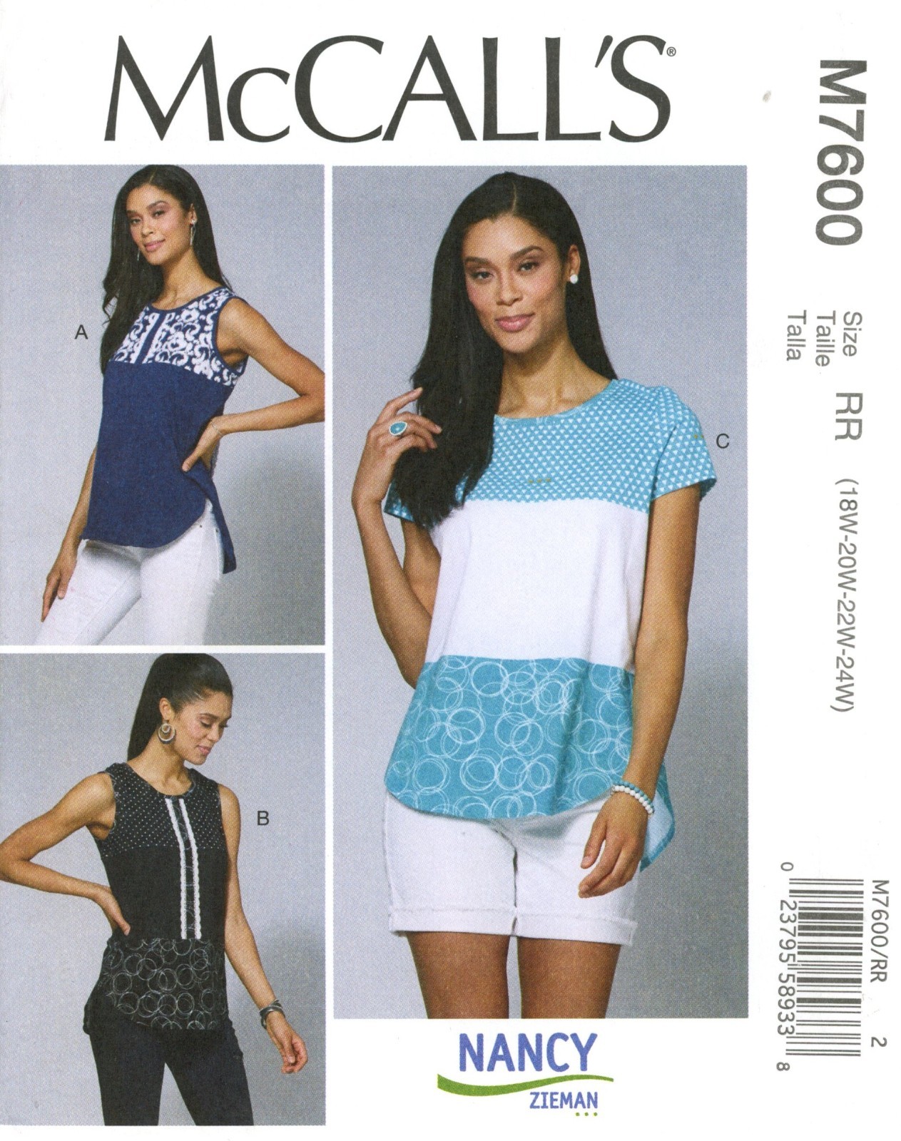 McCall’s M7600 Pullover Top w Sleeve Variations, Contrast Front PLUS 18W-24W CUT