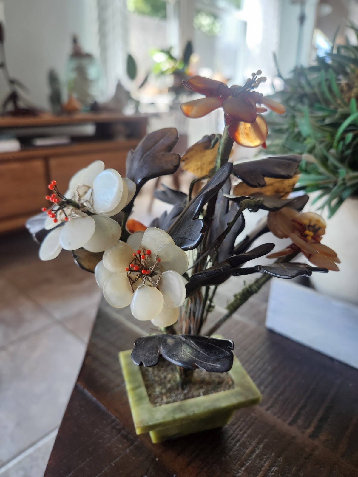 Vintage Chinese Jade And Multi Color Semi Precious Stone Flower Bonsai Tree