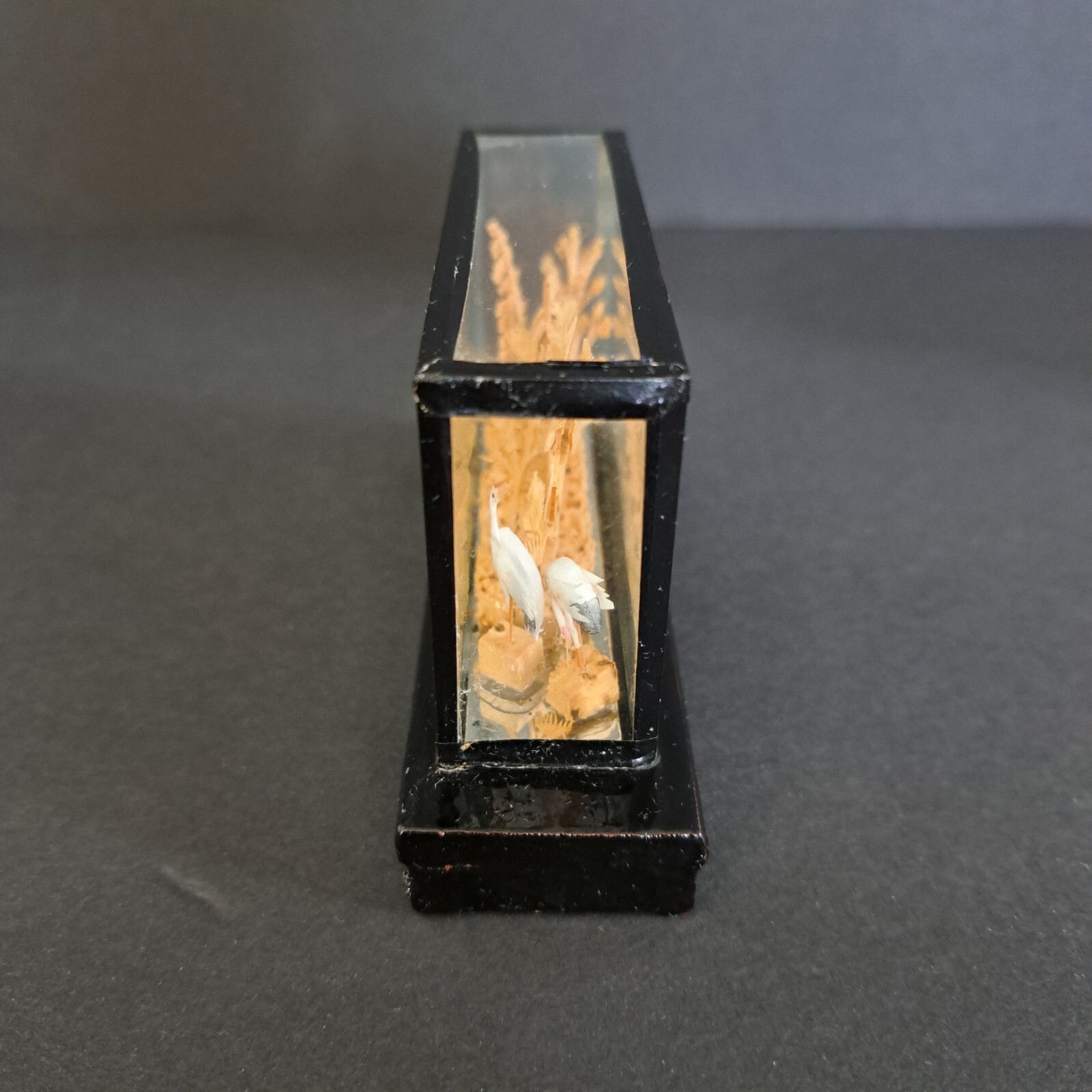 Carved Chinese Cork Diorama Shadow Box Sculpture In Glass Cranes Trees Pagoda