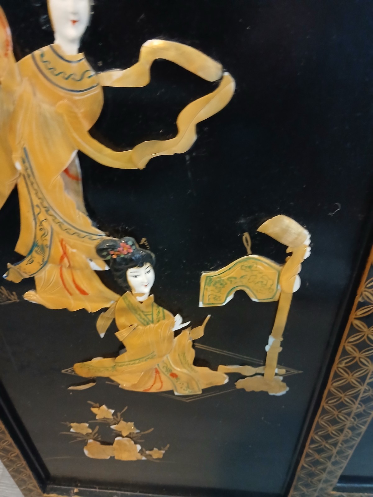 4 Vintage Asian Japanese Mother Pearl Black Lacquer Wall Panels 36″ x 12″