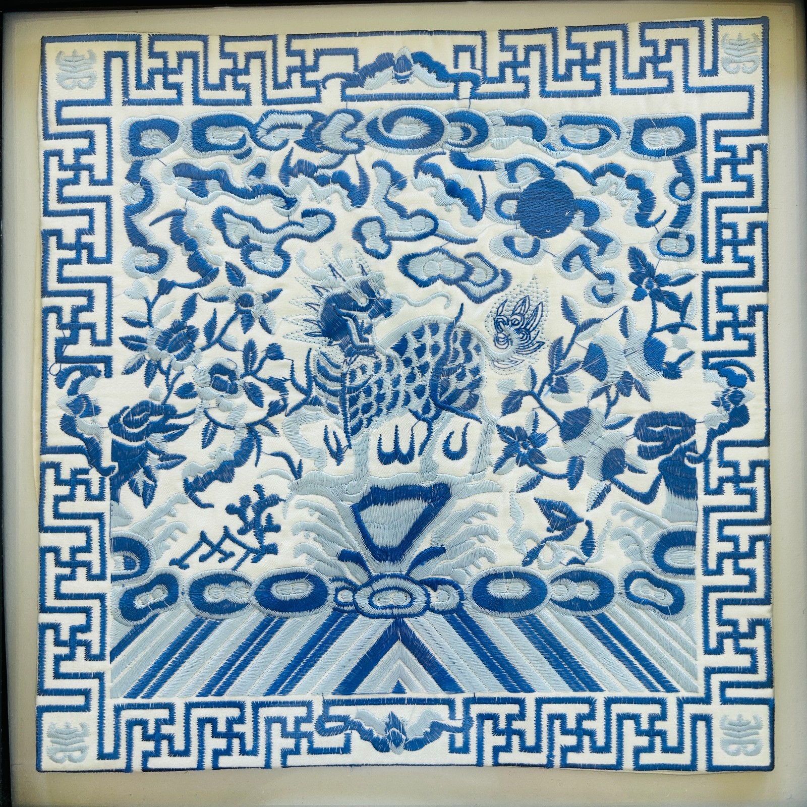 Shadow Box Framed Chinese Silk Embroidered Dragon Mat 12.5 in Square Wall Art
