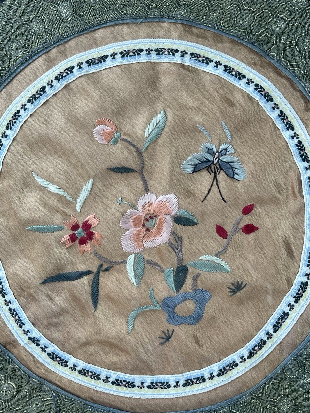 Vintage Chinese Silk Embroidery Art 10.5” Round Floral & Butterfly in 13” Frame