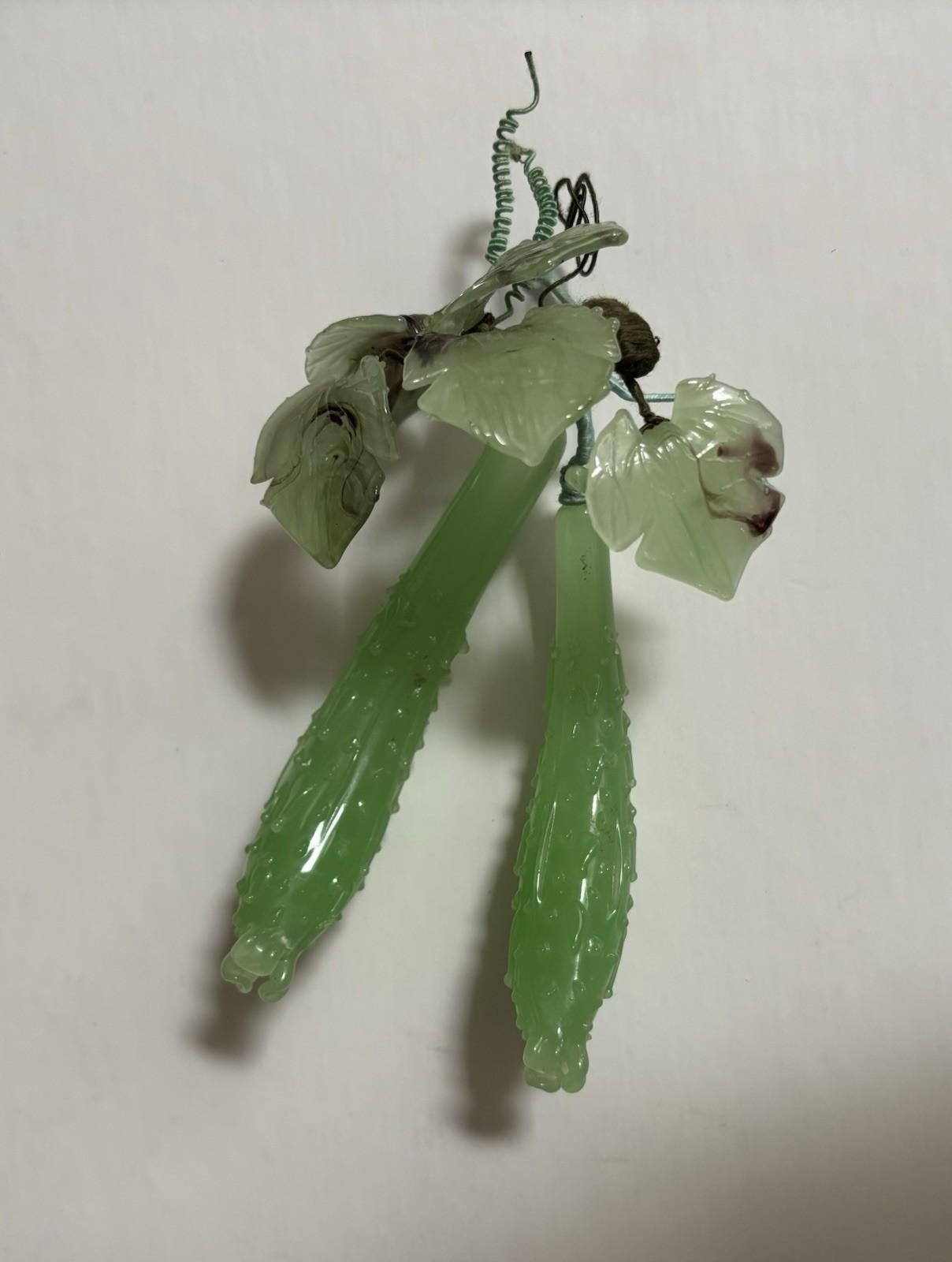 Vintage Chinese Jade Green Glass Pair of Cucumbers with 5 Jade Green Leaves