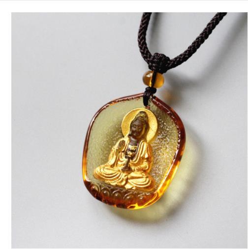 Chinese Yellow Coloured Glaze Carving Gilding Buddhism Kwan-yin Goddess Pendant