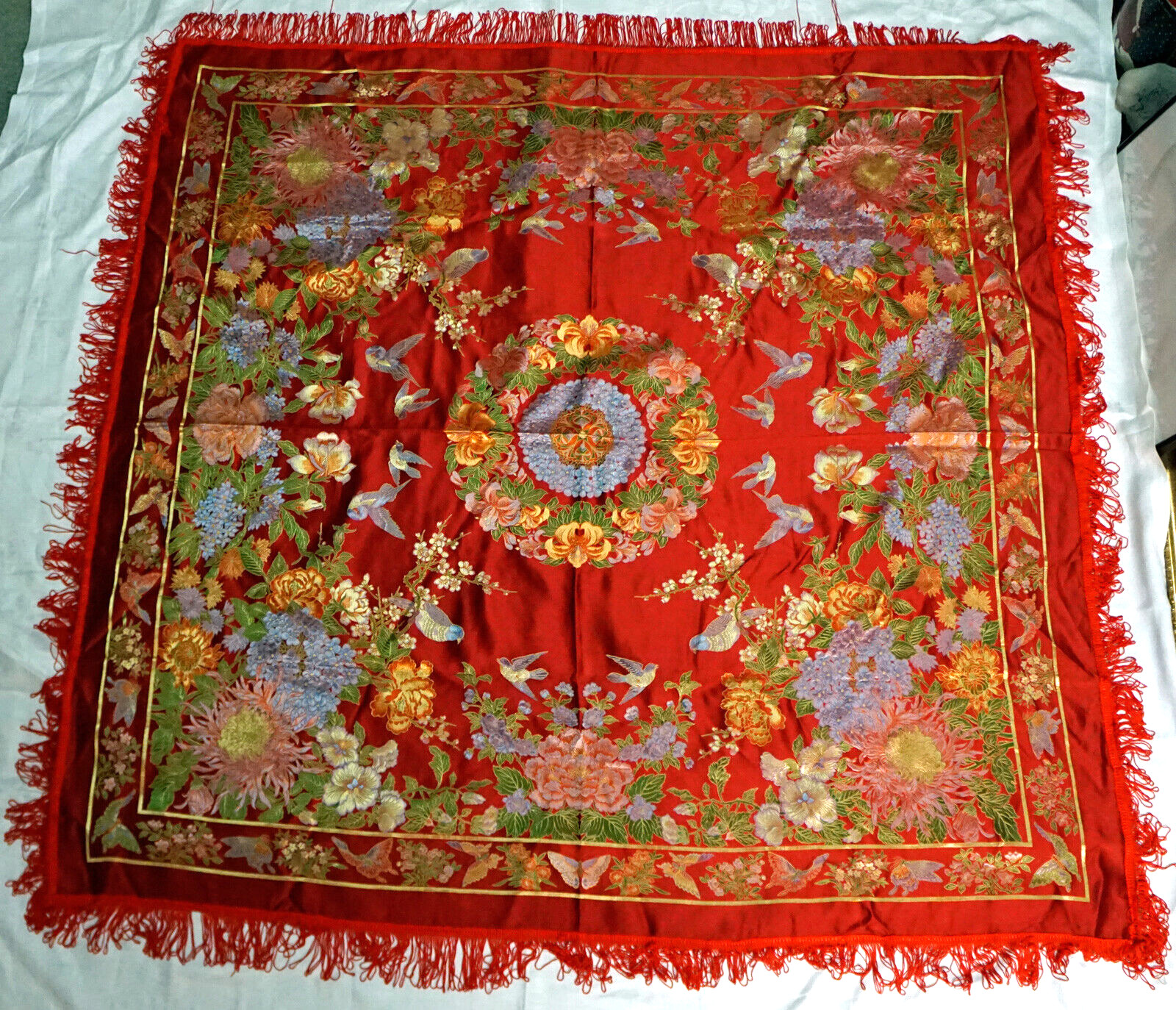 Vintage Silk Brocaded Flowers China Tapestry or Table Cloth Vivid Colors