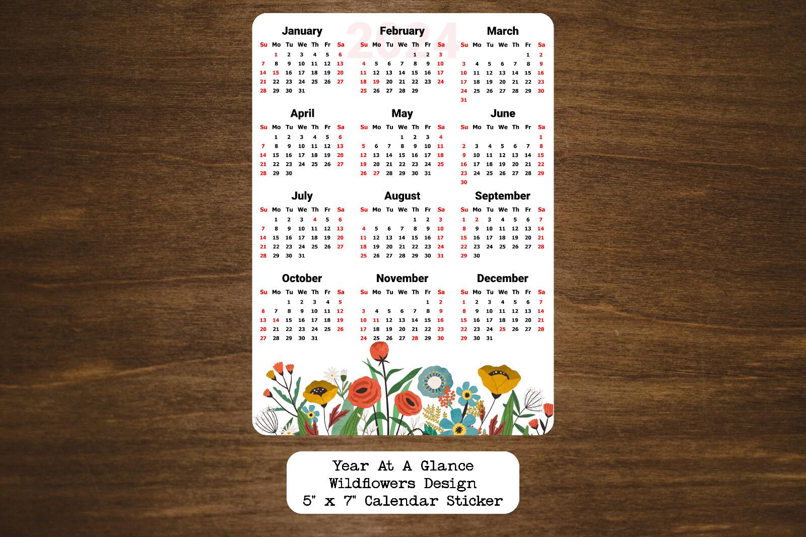 Year At A Glance Calendar Sticker With Wildflowers Design