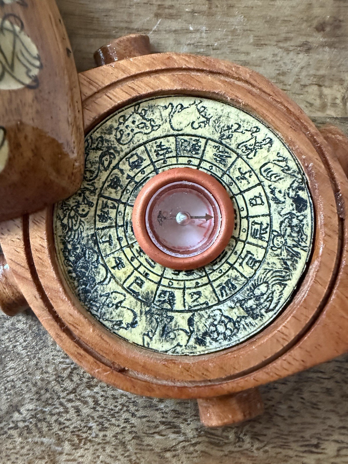 Vtg Asian Carved Wooden Turtle, Opens with Compass and Zodiac Signs