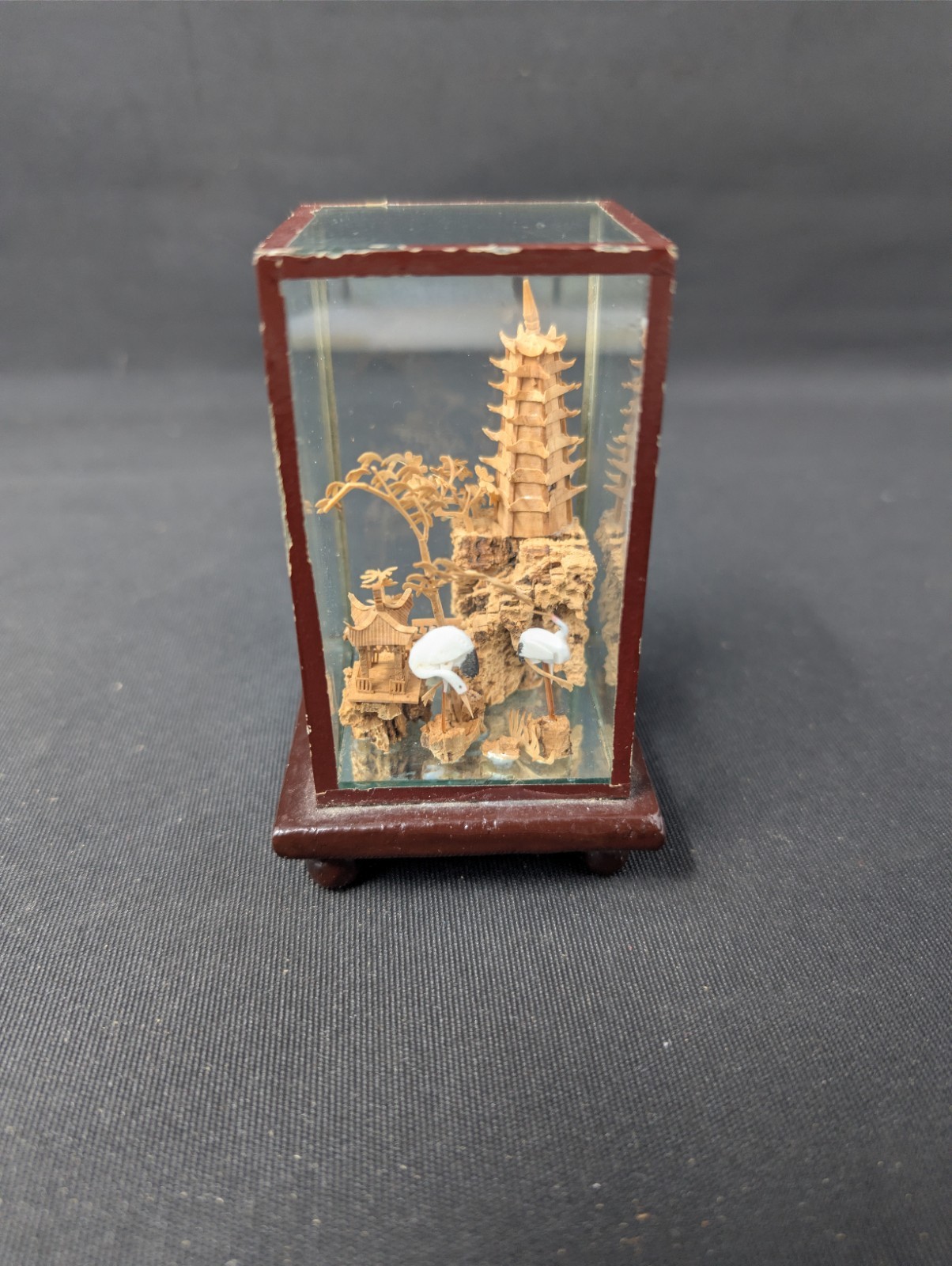 DIMINUITIVE DIORAMA! 3¾” Chinese Cork Carving VINTAGE Cranes & Village FRAMED