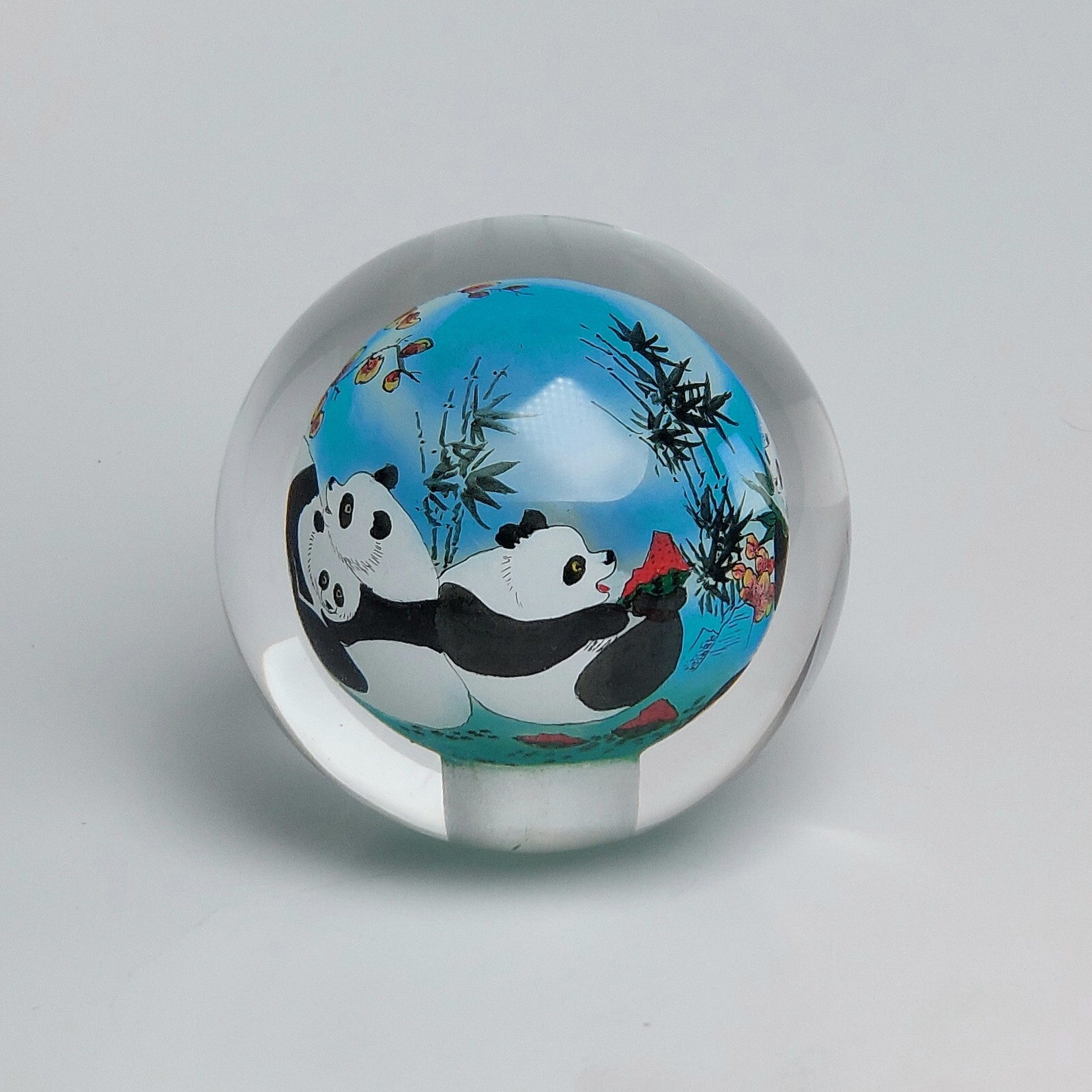 Chinese Glass Ball Sphere Paperweight Reverse Hand Painted Pandas NO Base
