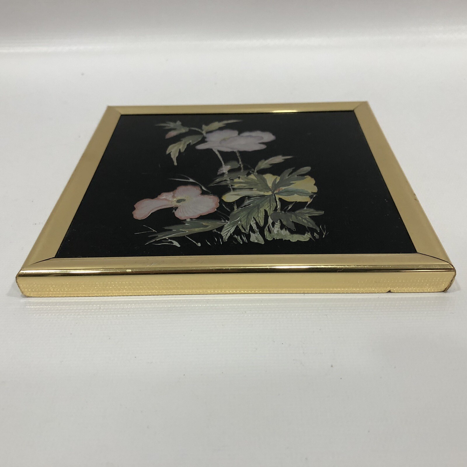 Pink Yellow Flowers Silk Art on Black Background Gold Tone Frame 5 1/2” x 5 1/2”