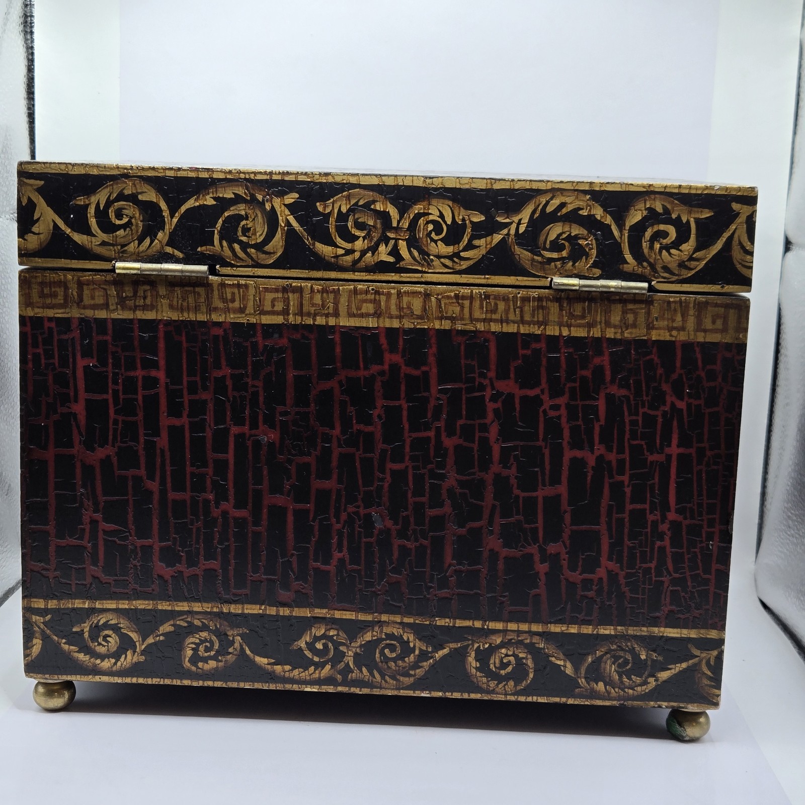 Vintage Large Asian Wood Pagoda Top Jewelry Box Storage, Brass Feet. 11×8×8.5″