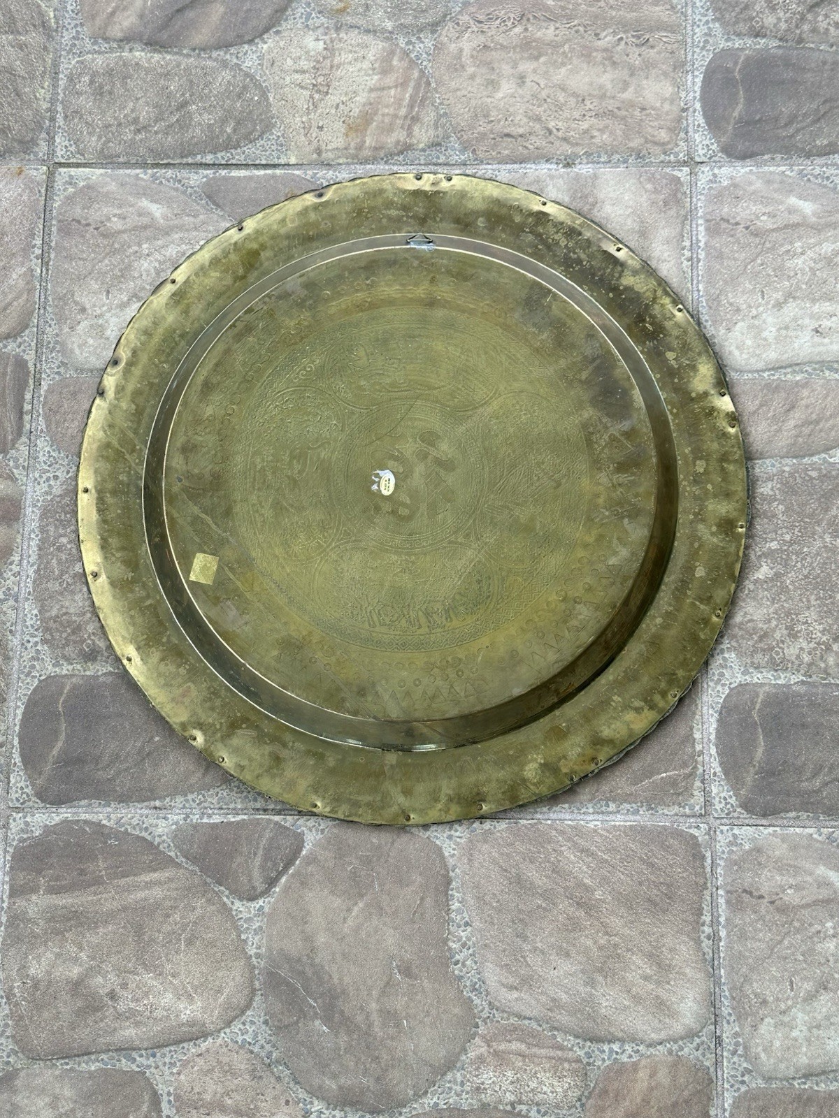Pair Of Large Vintage 18” Chinese Etched Brass Wall Hanging Table Tray Decor