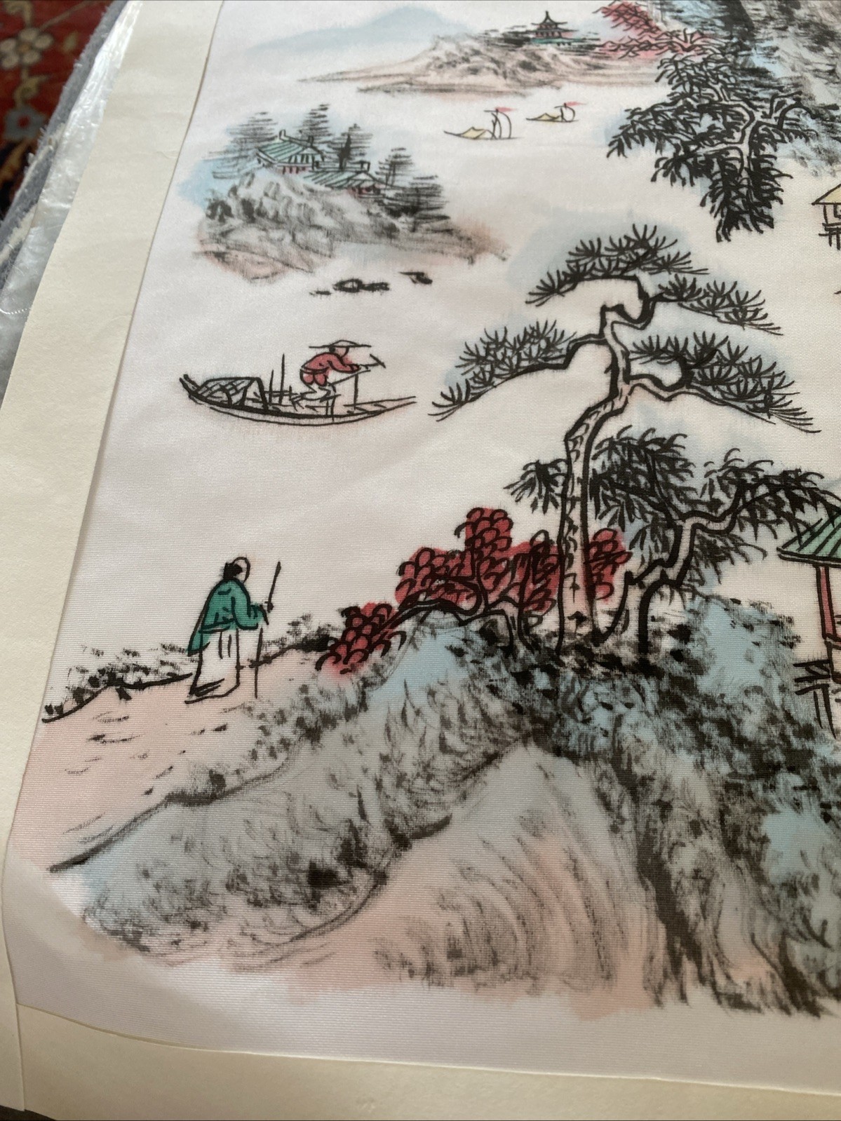 Vintage Chinese Embroidery Village Scene Silk Tapestry Unframed