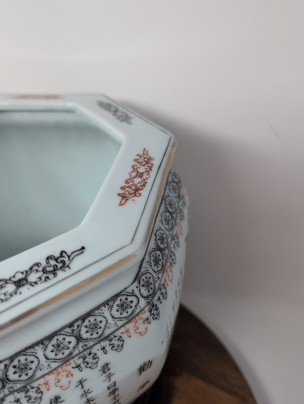 Asian Hexagonal Porcelain Planter 9.25″ By 9″ Tall Women Butterflies Calligraph