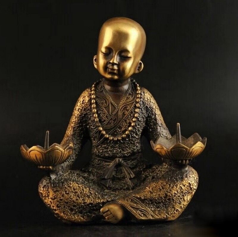 Brass Kid Monk Buddha Statue Candle Holder Zen Decor